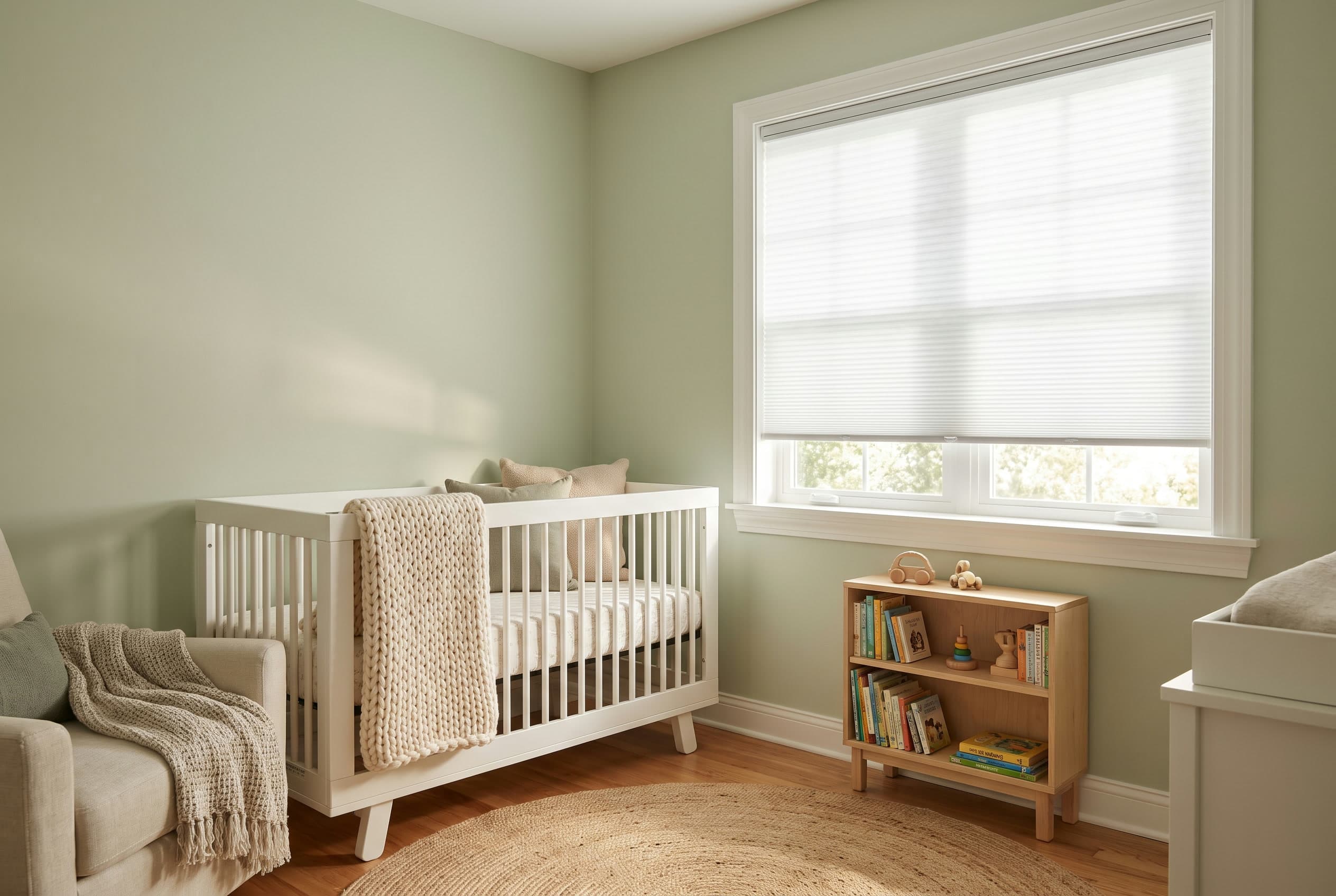 A nursery with cordless cellular shades and a crib in soft daylight.