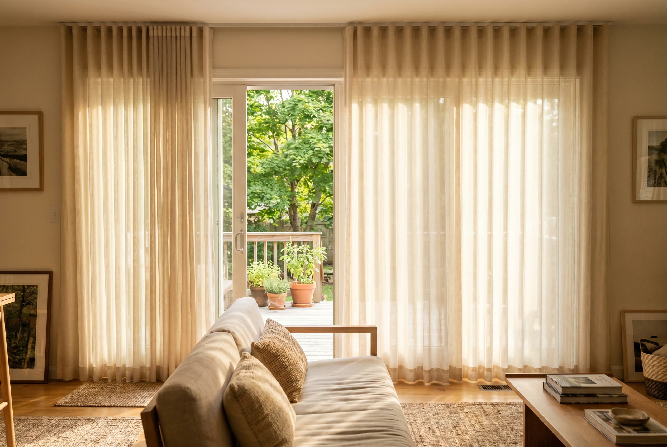 Sheer vertical panels on a wide sliding glass door opening to a green backyard.