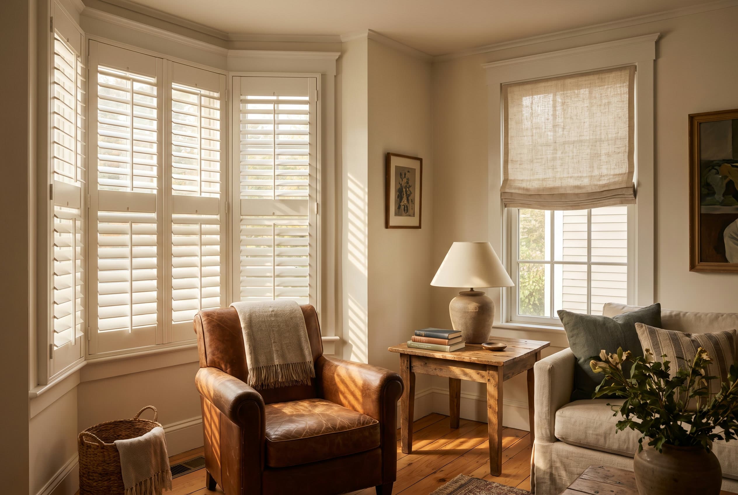 A room corner with white plantation shutters in the foreground and a roman shade on the adjacent window.
