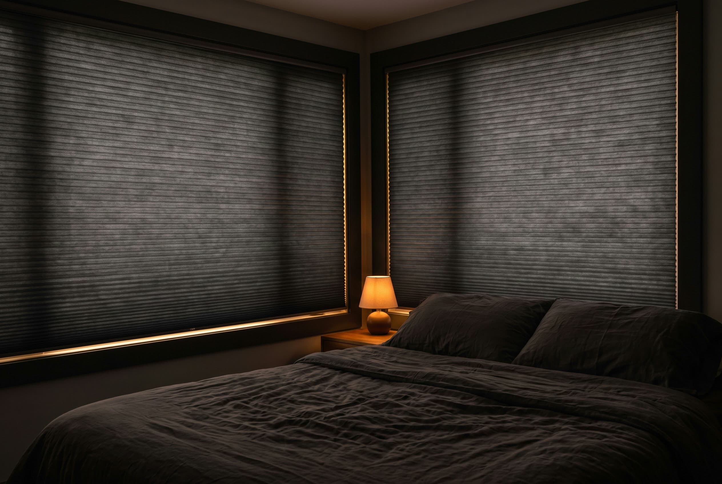 A dark, serene bedroom with blackout cellular shades holding back all but a thin edge of morning light.