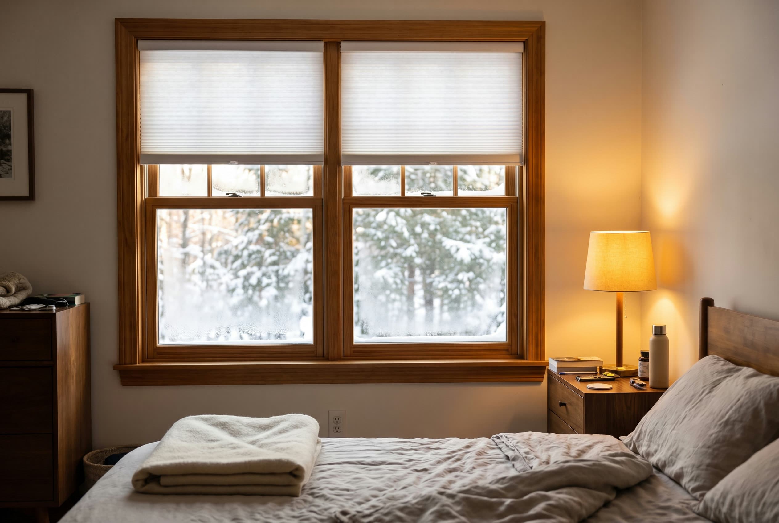 Honeycomb cellular shades on a frost-edged New England window in soft winter light.