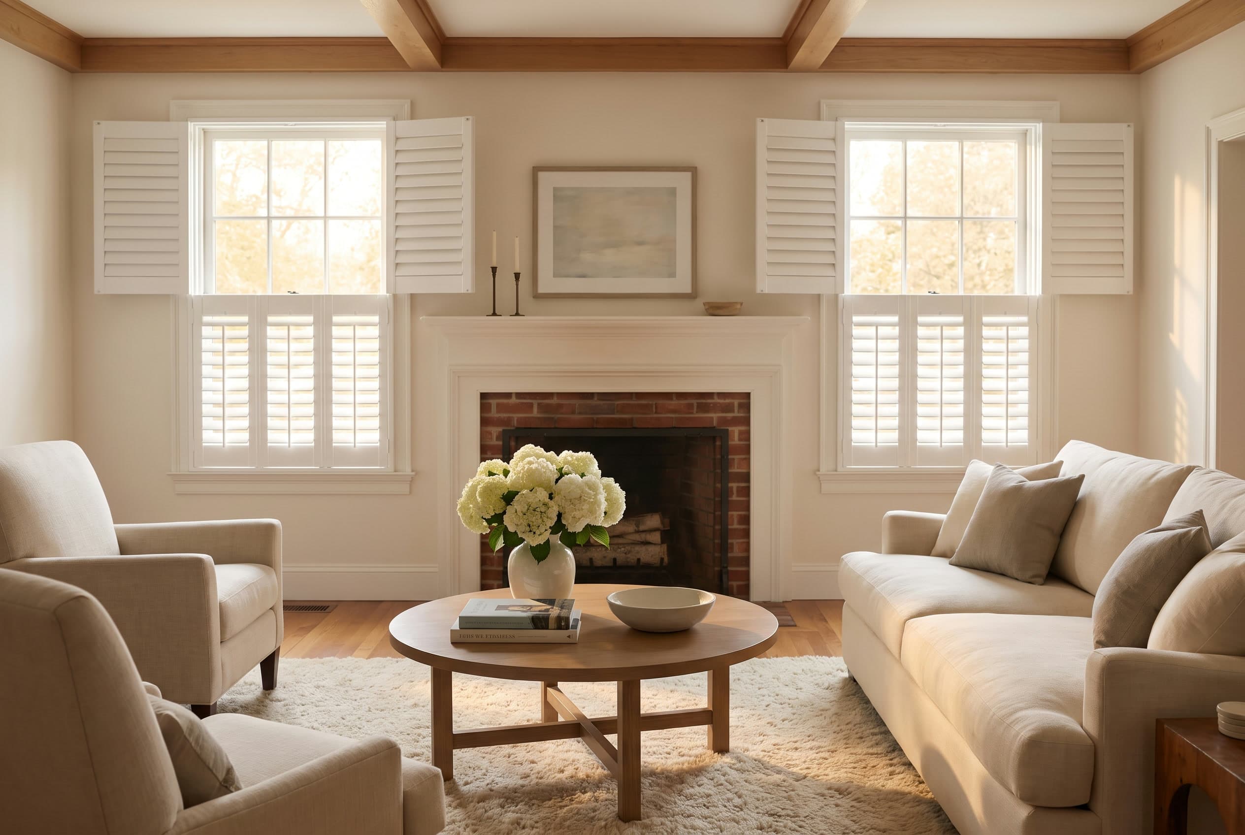 A classic New England colonial living room with crisp white plantation shutters, styled like a real estate listing photo.