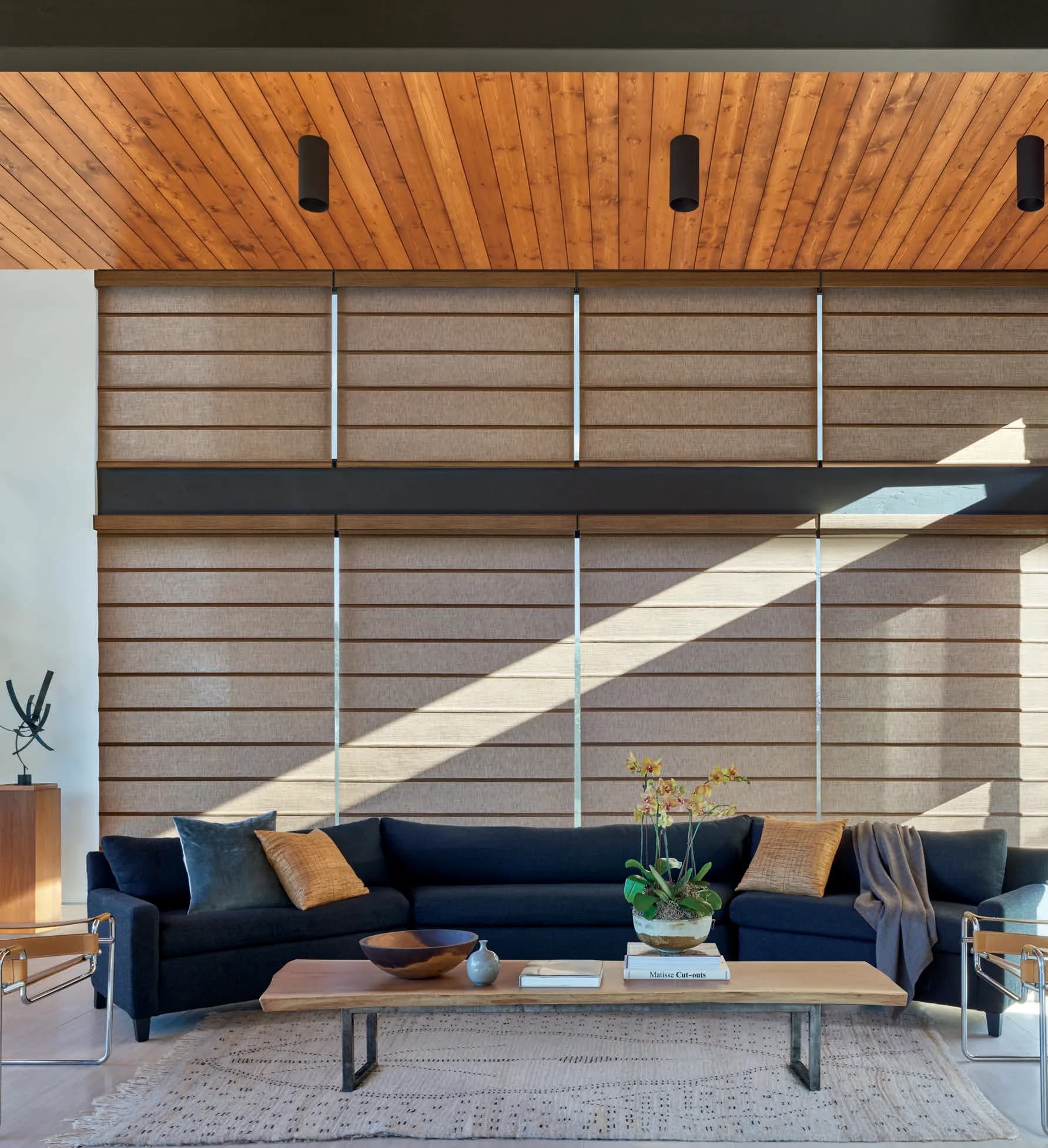 Alustra® Architectural Roller Shades in Hunter Douglas's Leo fabric, color Earthy Umber, operated with PowerView® Automation.