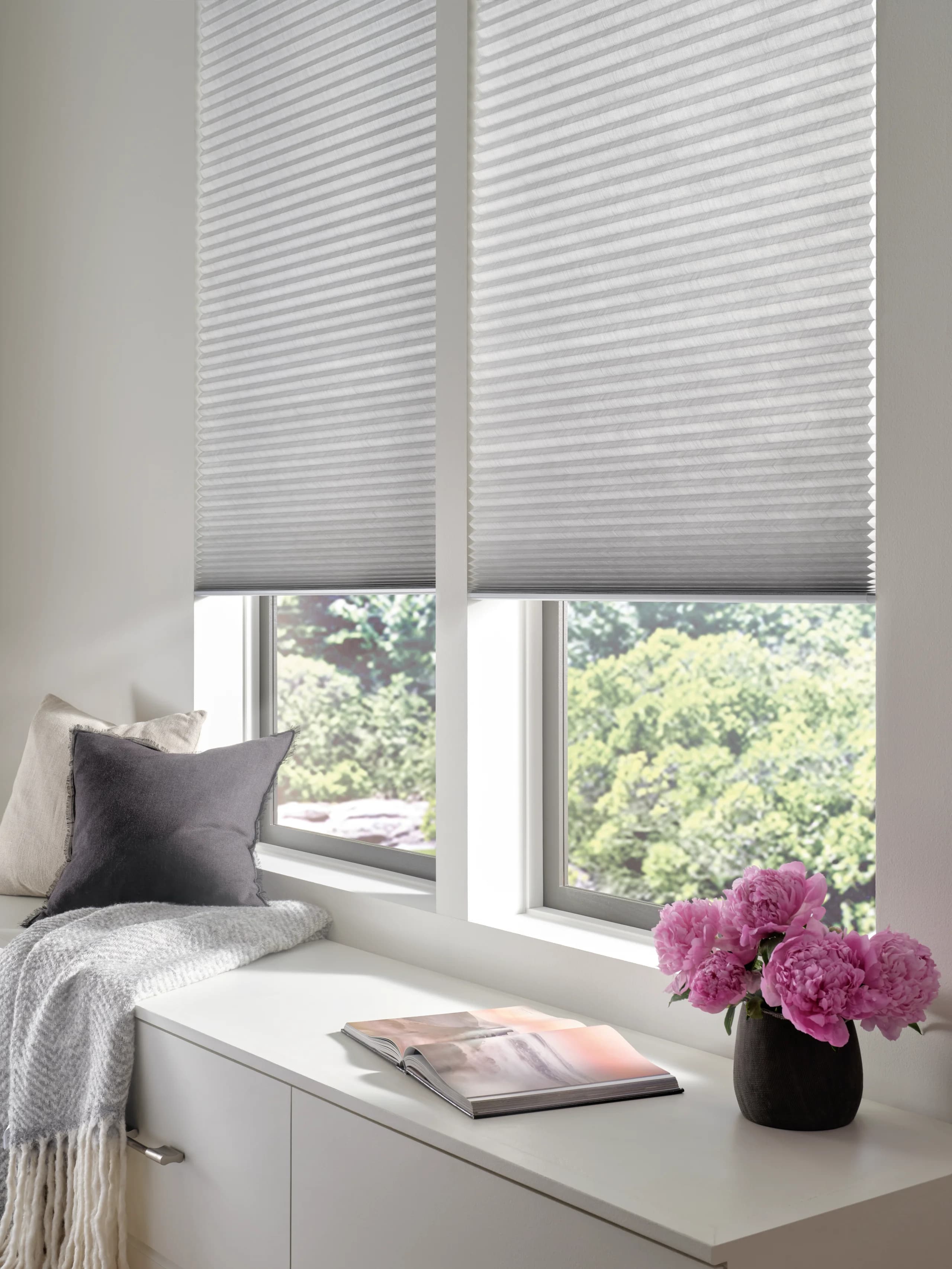 Close view of Hunter Douglas Applause® Honeycomb Shades at a dining room window, showing the pleats of the cellular fabric.