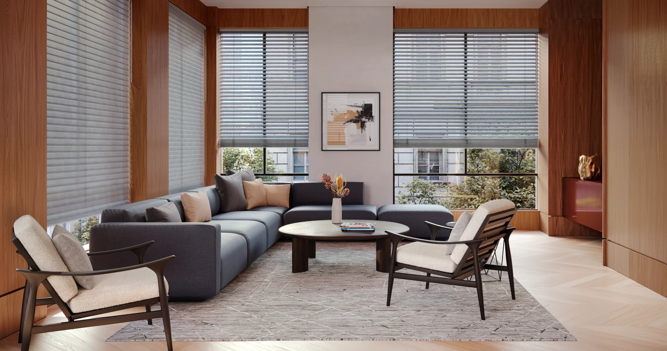 Hunter Douglas Aria™ Soft Blinds in pearl gray lowered across a living room window.