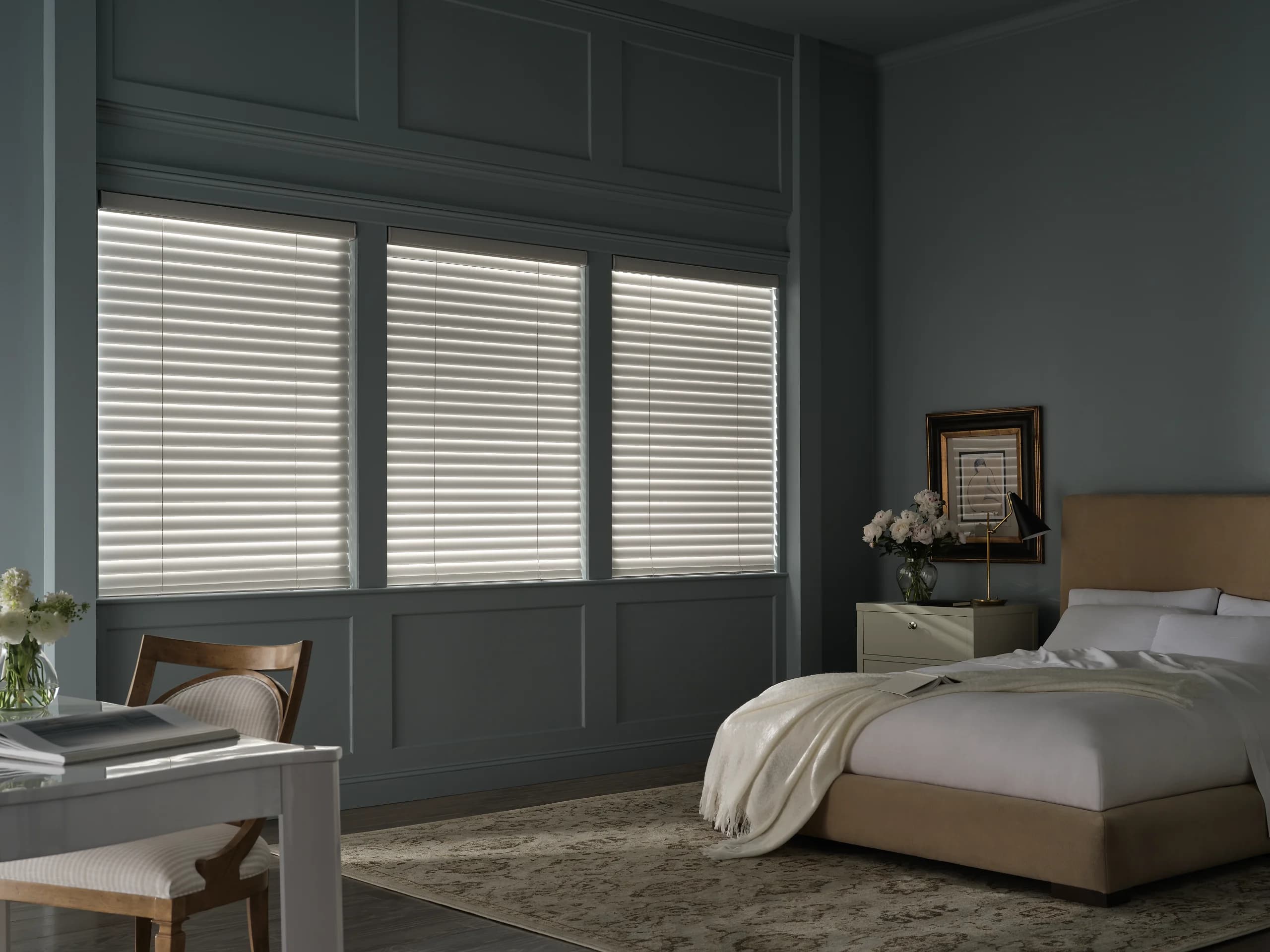 A closer view of the soft fabric vanes on Hunter Douglas Aria™ Soft Blinds in a bedroom.