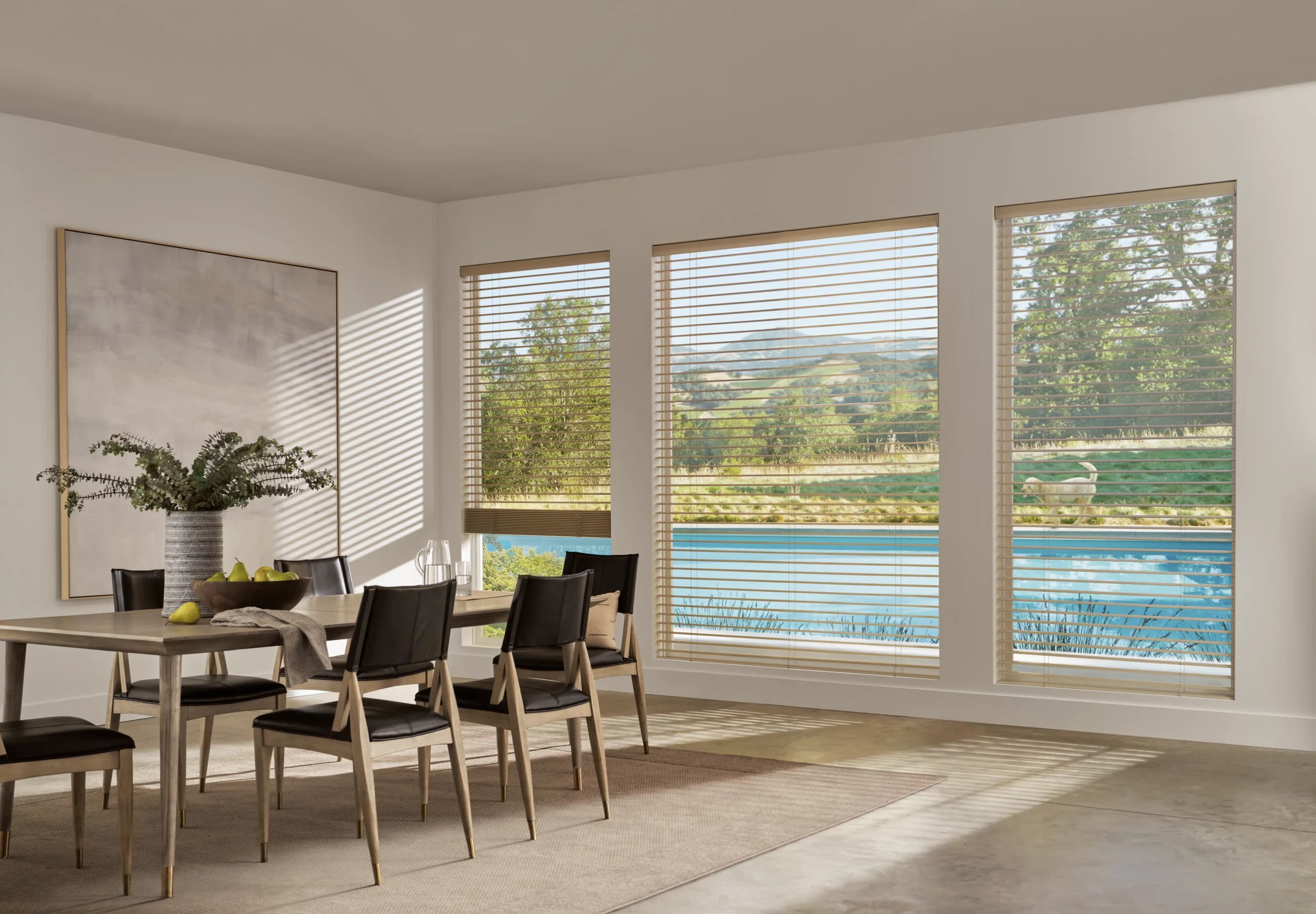 Hunter Douglas Aria™ Soft Blinds in a warm sand tone across a dining room window.