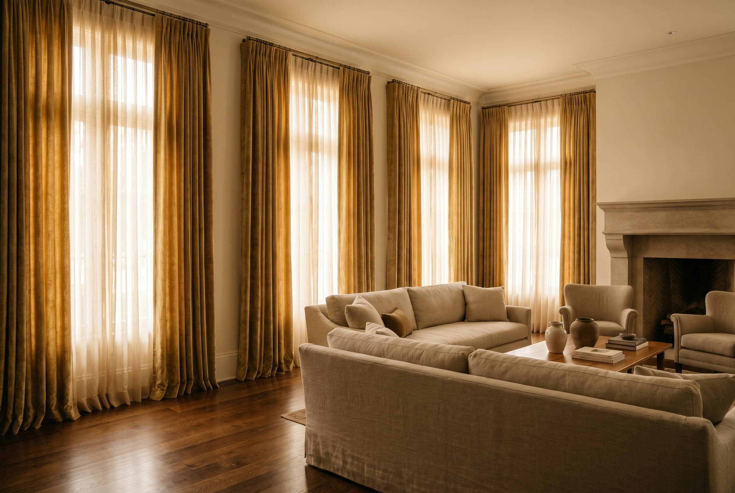 Navy custom drapery framing a city view in a modern loft.