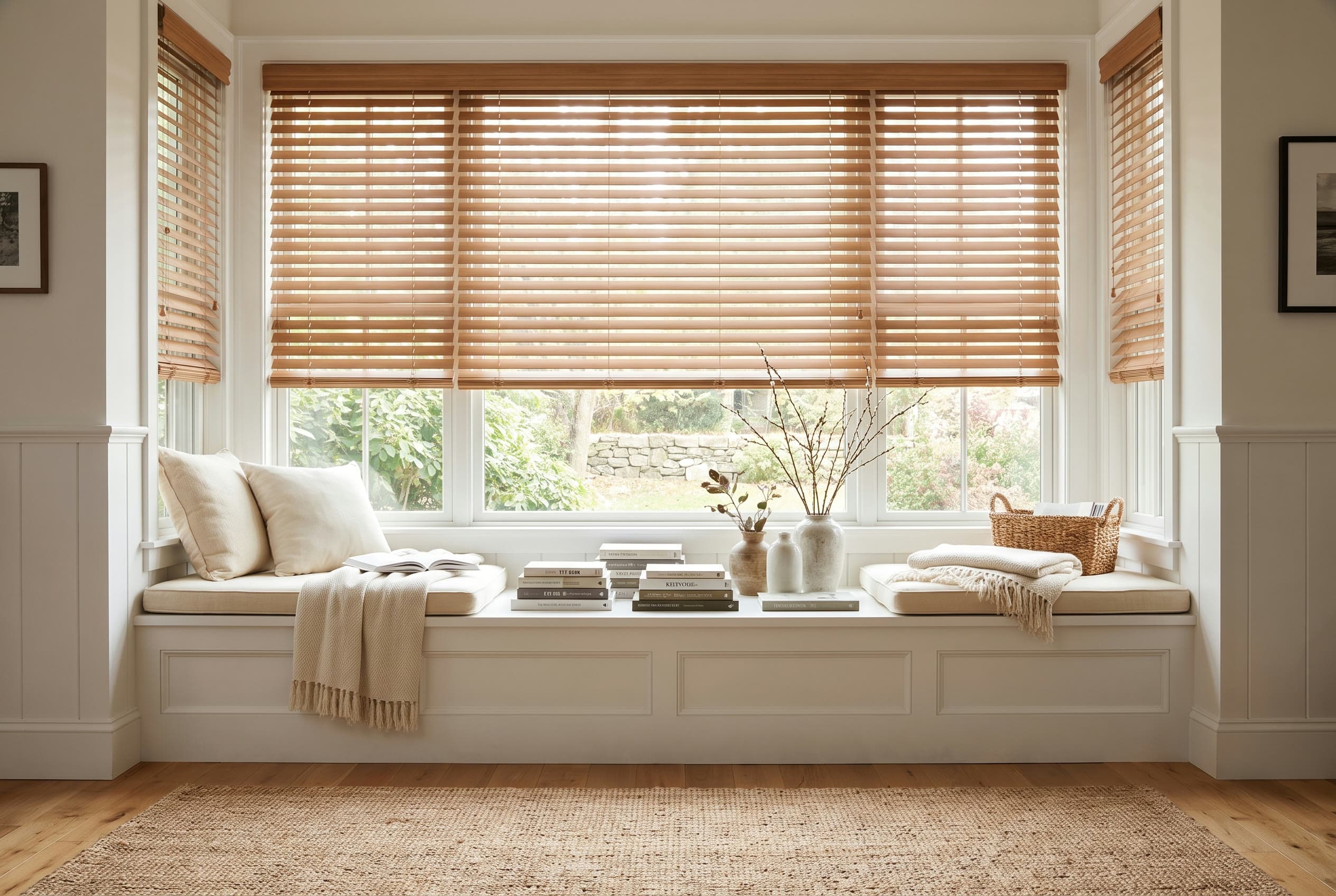 Hunter Douglas wood blinds installed cleanly over a fireplace.