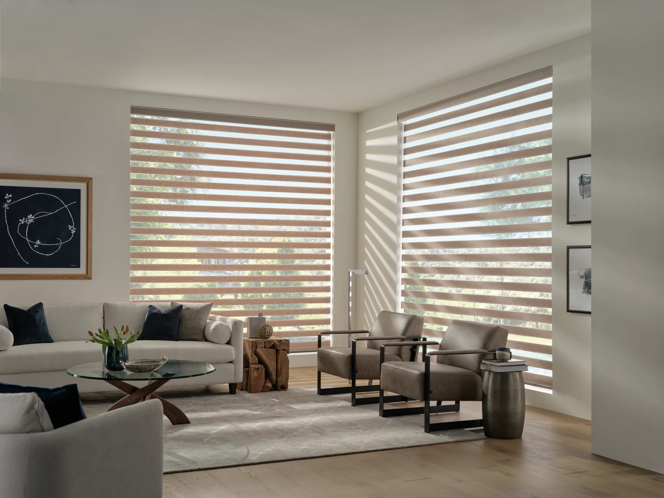 Designer Banded Shades on two windows of a sunlit living room, bands aligned so the trees outside show through the sheer sections.