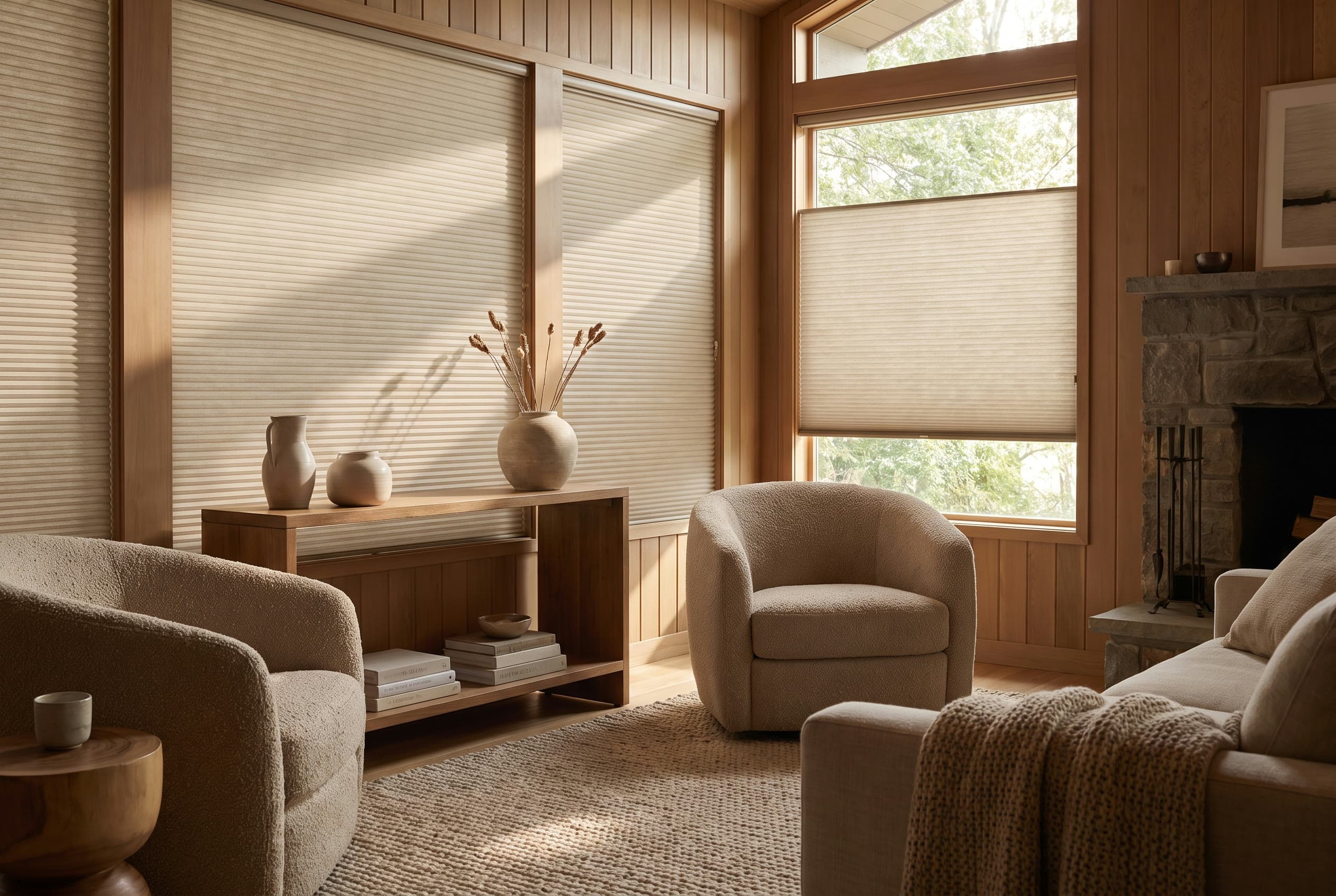 Hunter Douglas Duette cellular honeycomb shades in a bright kitchen.