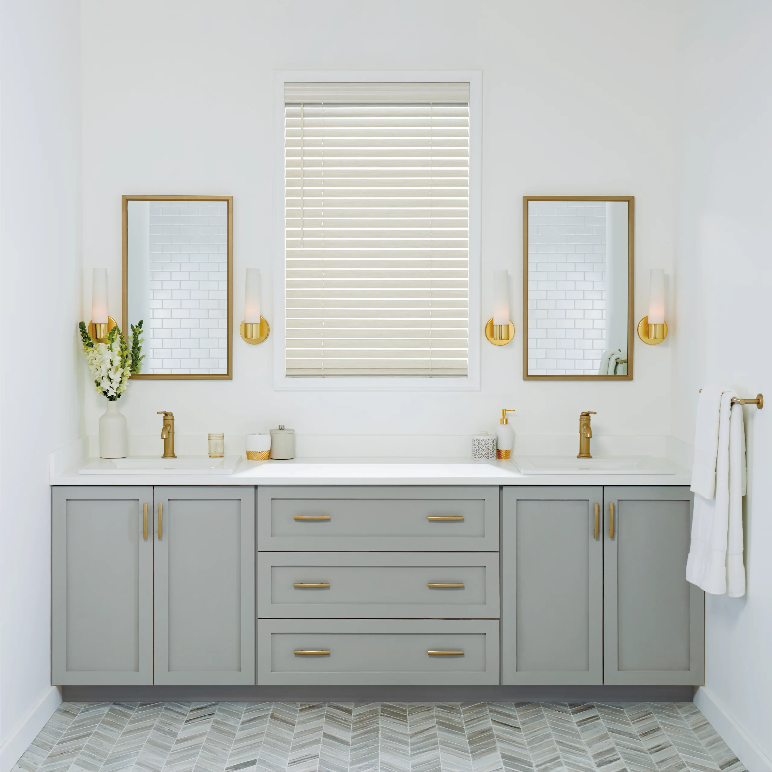 Hunter Douglas EverWood® Alternative Wood Blinds in a bathroom, the room where humidity is hardest on a real wood blind.
