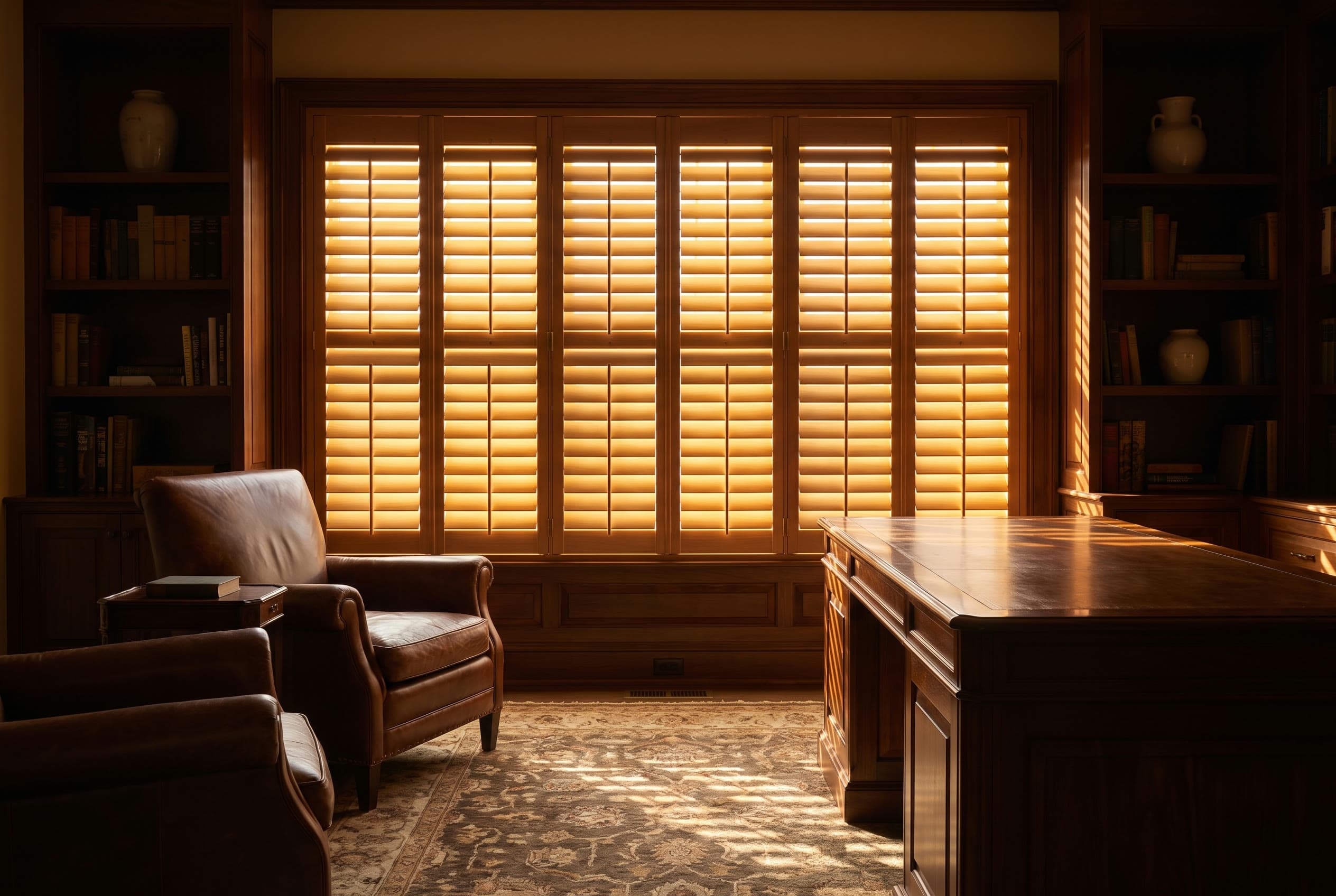 Hunter Douglas hardwood plantation shutters in warm golden light.