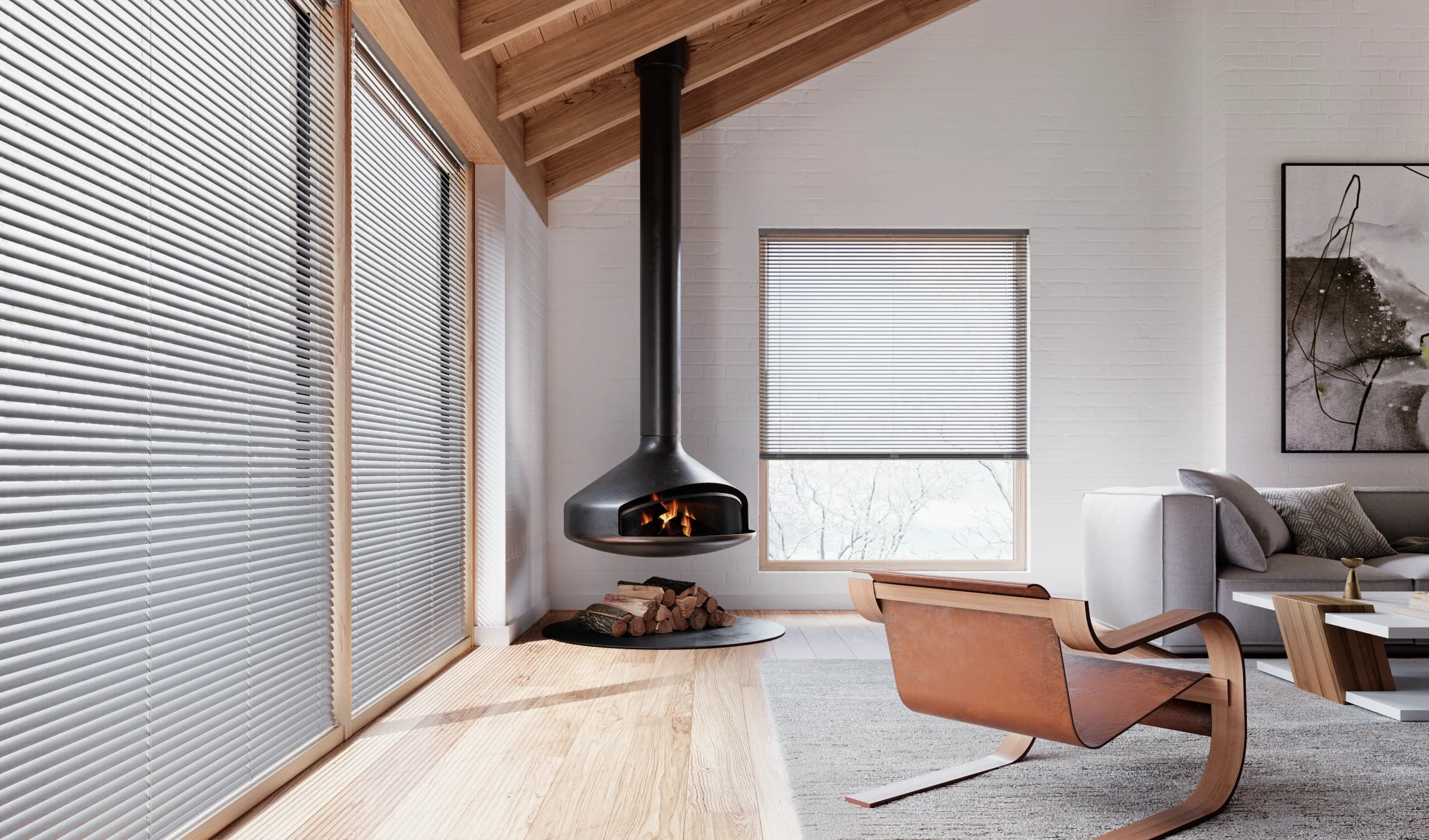 Hunter Douglas Metal Blinds from the Décor collection, inside mounted in a living room with a black fireplace.