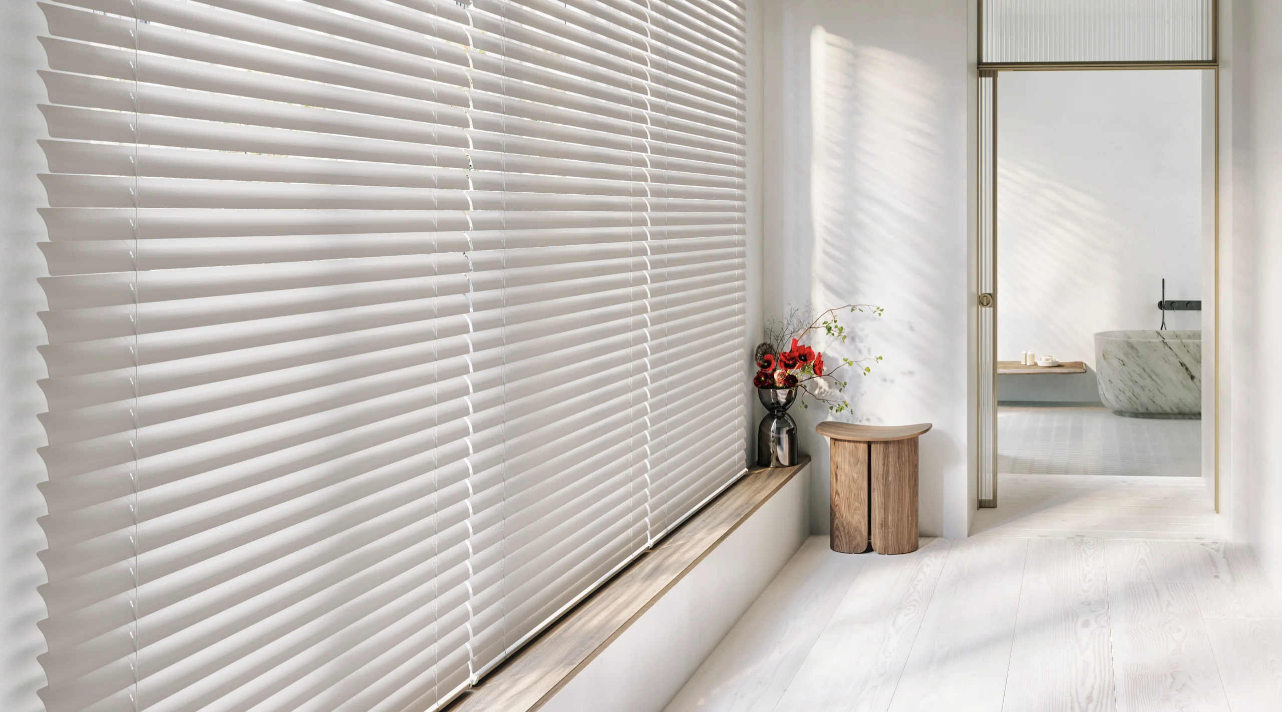 Hunter Douglas Metal Blinds from the Macro collection, inside mounted on a bathroom window.