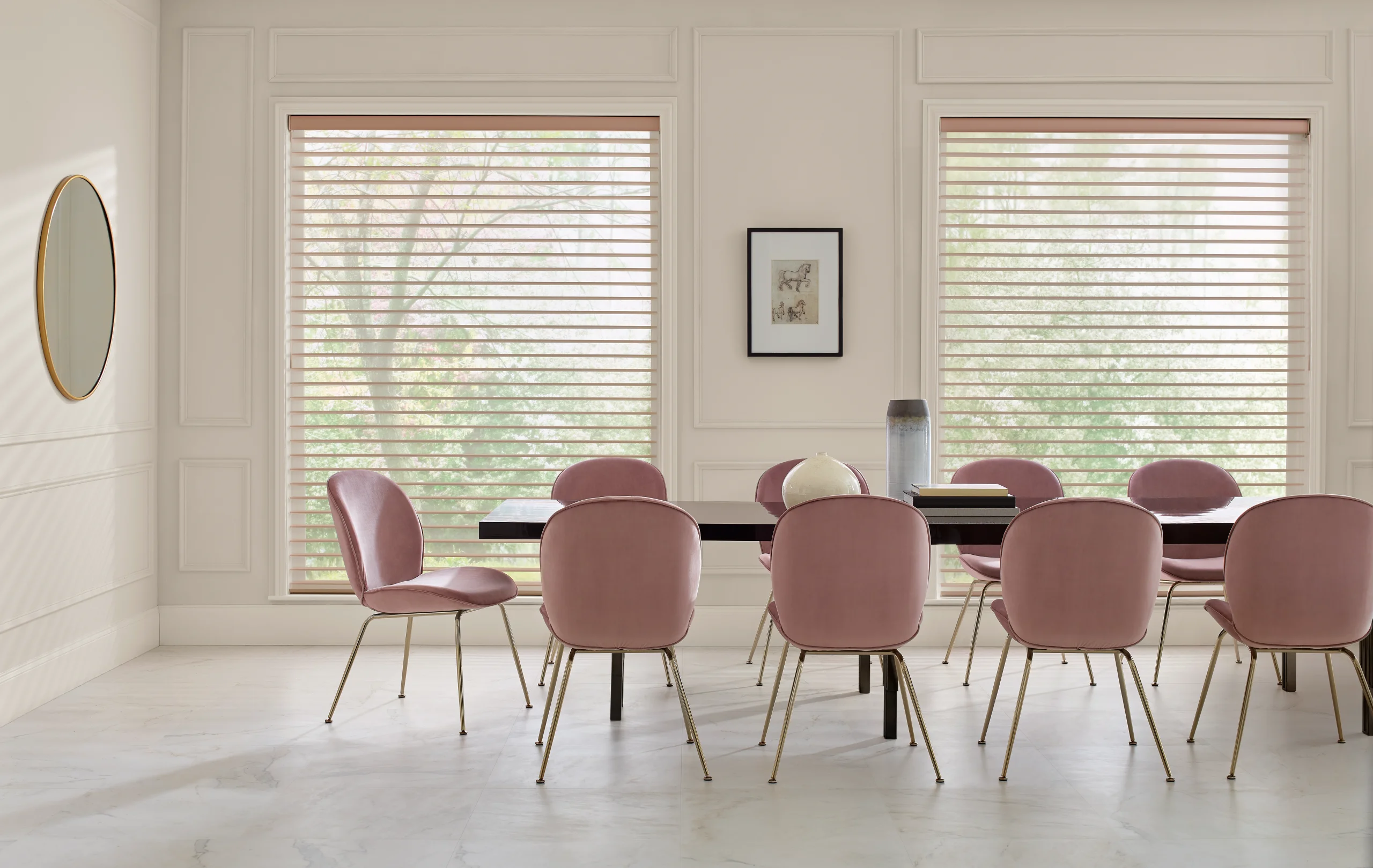 Hunter Douglas Nantucket™ Window Shadings across a dining room window in a casual woven fabric.