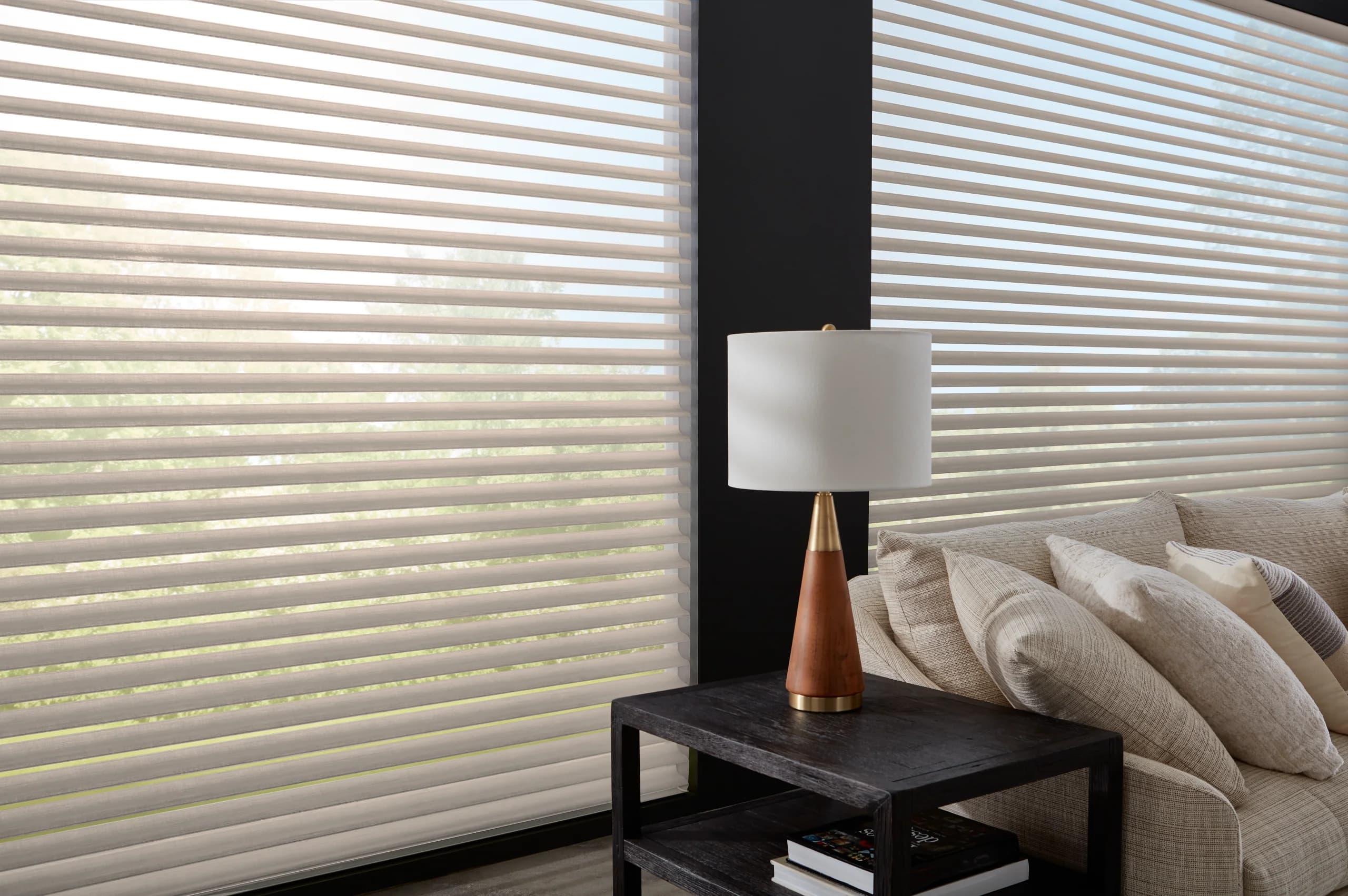 Hunter Douglas Nantucket™ Window Shadings in a living room, the S-shaped vanes catching late-day sun.