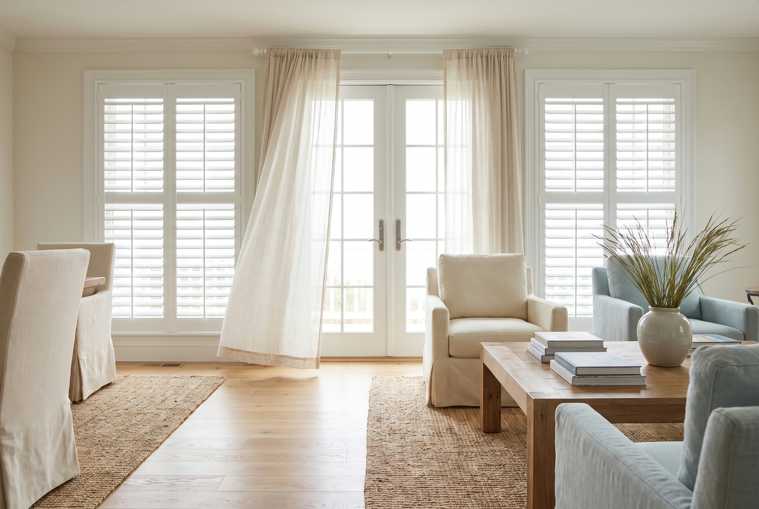 Plantation shutters framing French doors with an ocean view.