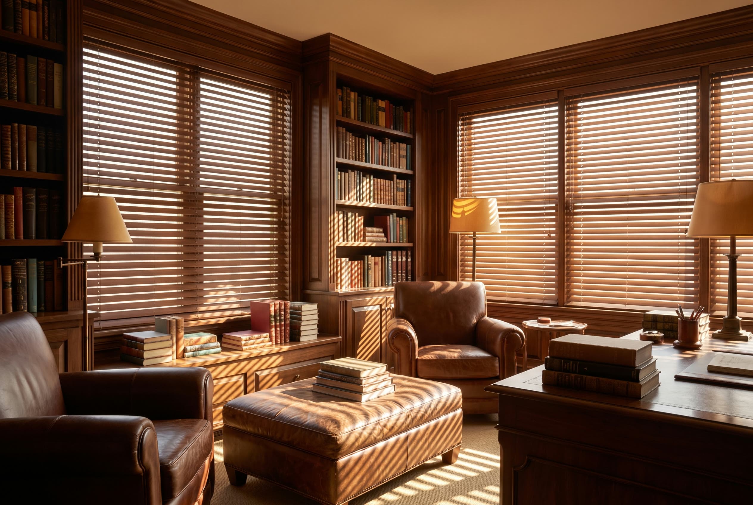 Warm Hunter Douglas Parkland wood blinds in a modern dining room.