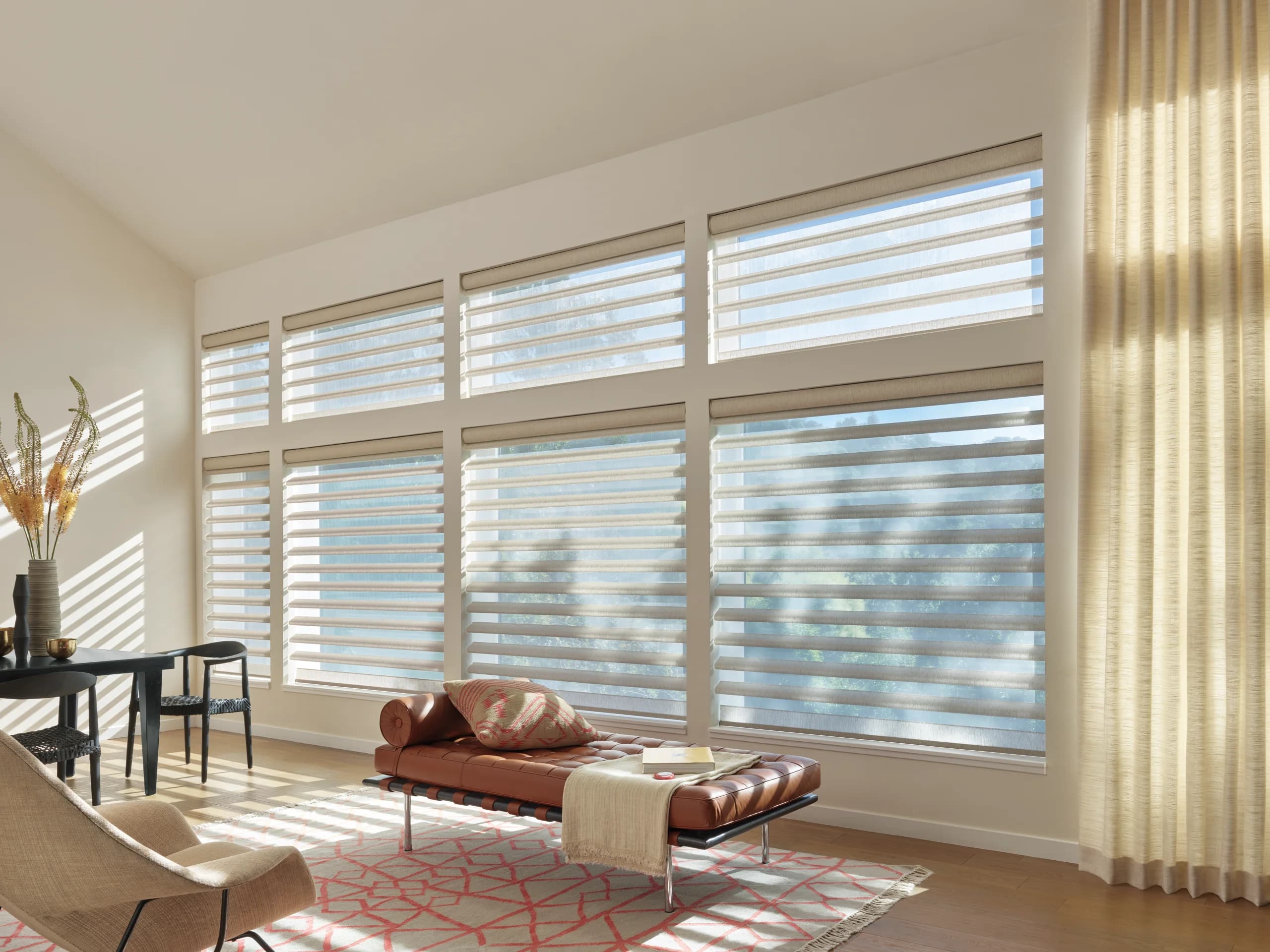 Hunter Douglas Pirouette® Window Shadings lowered across a living room window, the vanes open to filtered afternoon light.