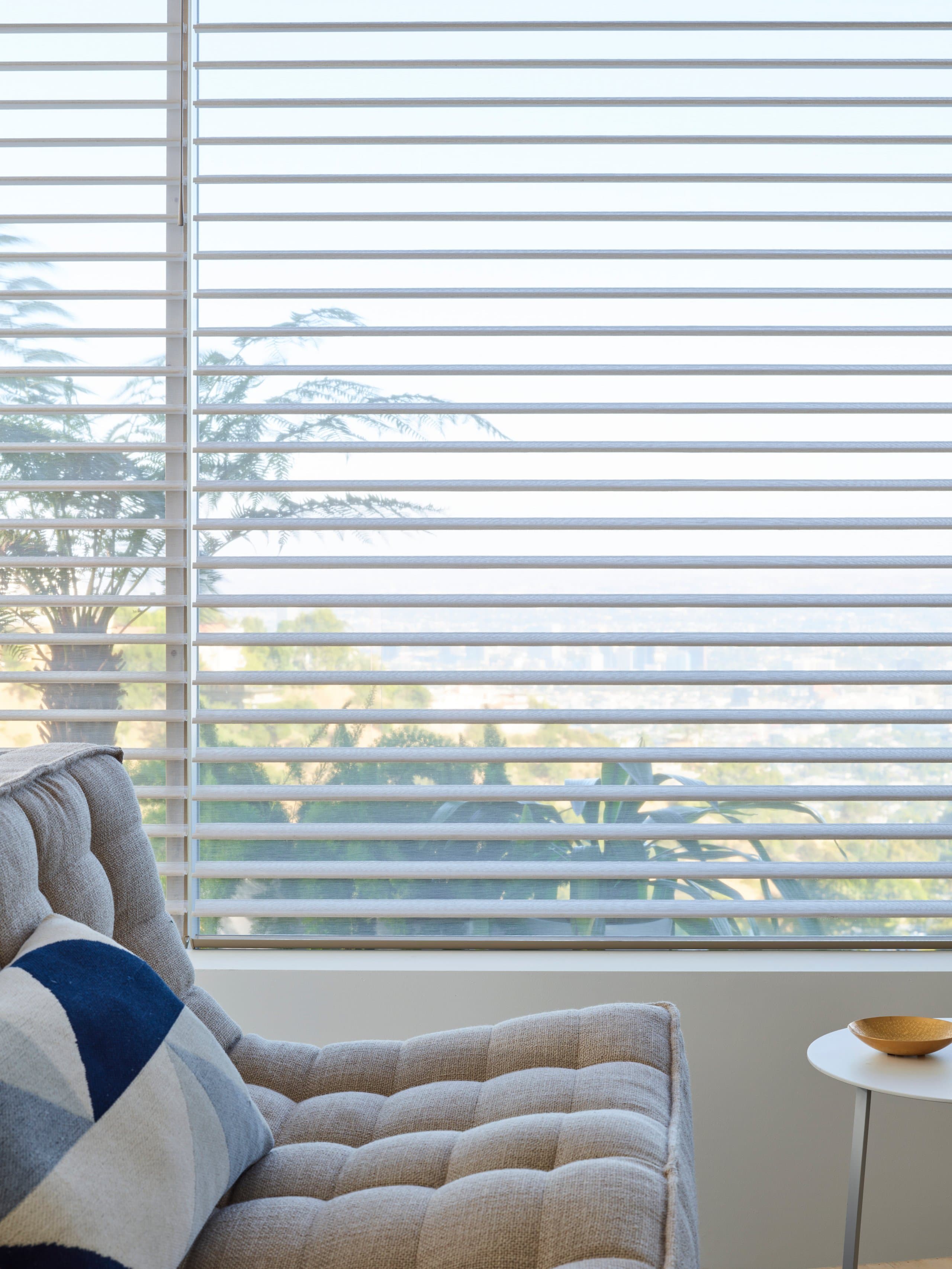 Close view of Hunter Douglas Silhouette® Window Shadings, the S-shaped vanes tilted open to a treed view beyond the glass.