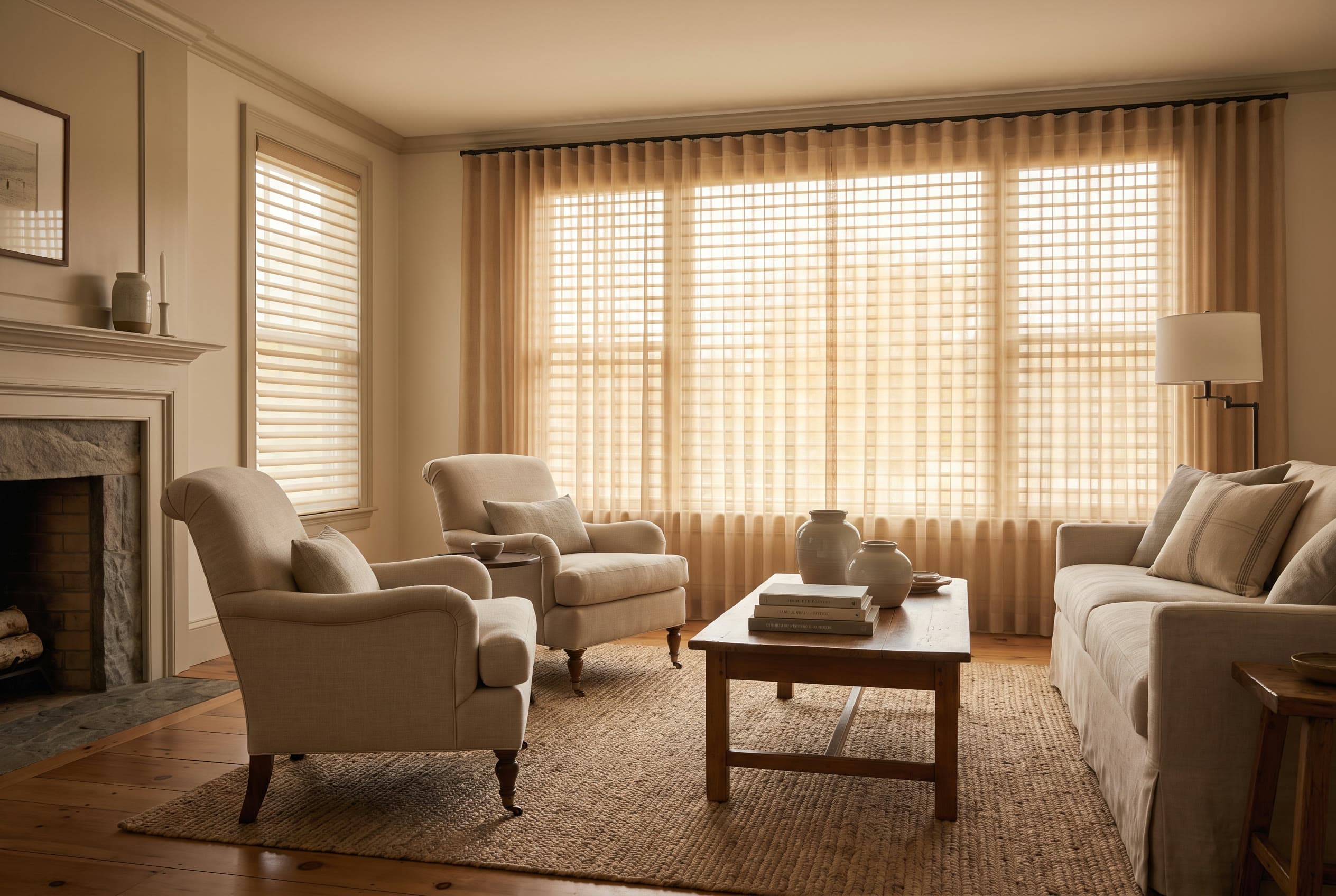 Hunter Douglas Silhouette sheer shades softening golden-hour light in a New England living room.