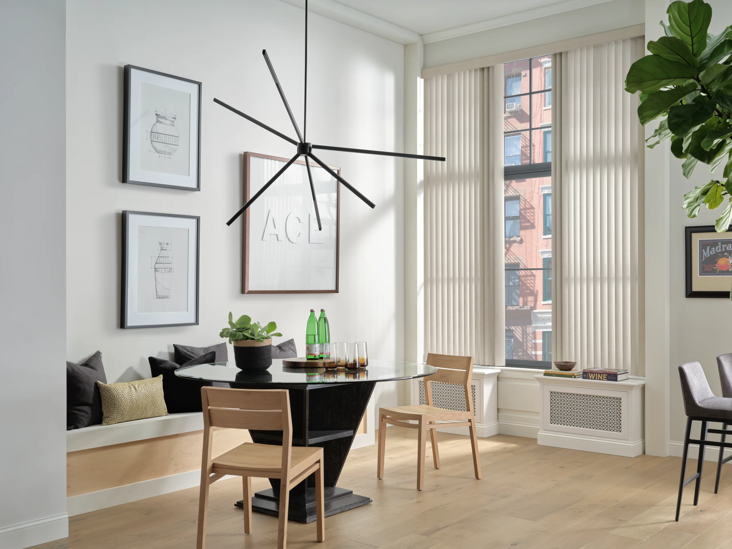 Hunter Douglas Somner® Custom Vertical Blinds in a warm gold tone in a kitchen.