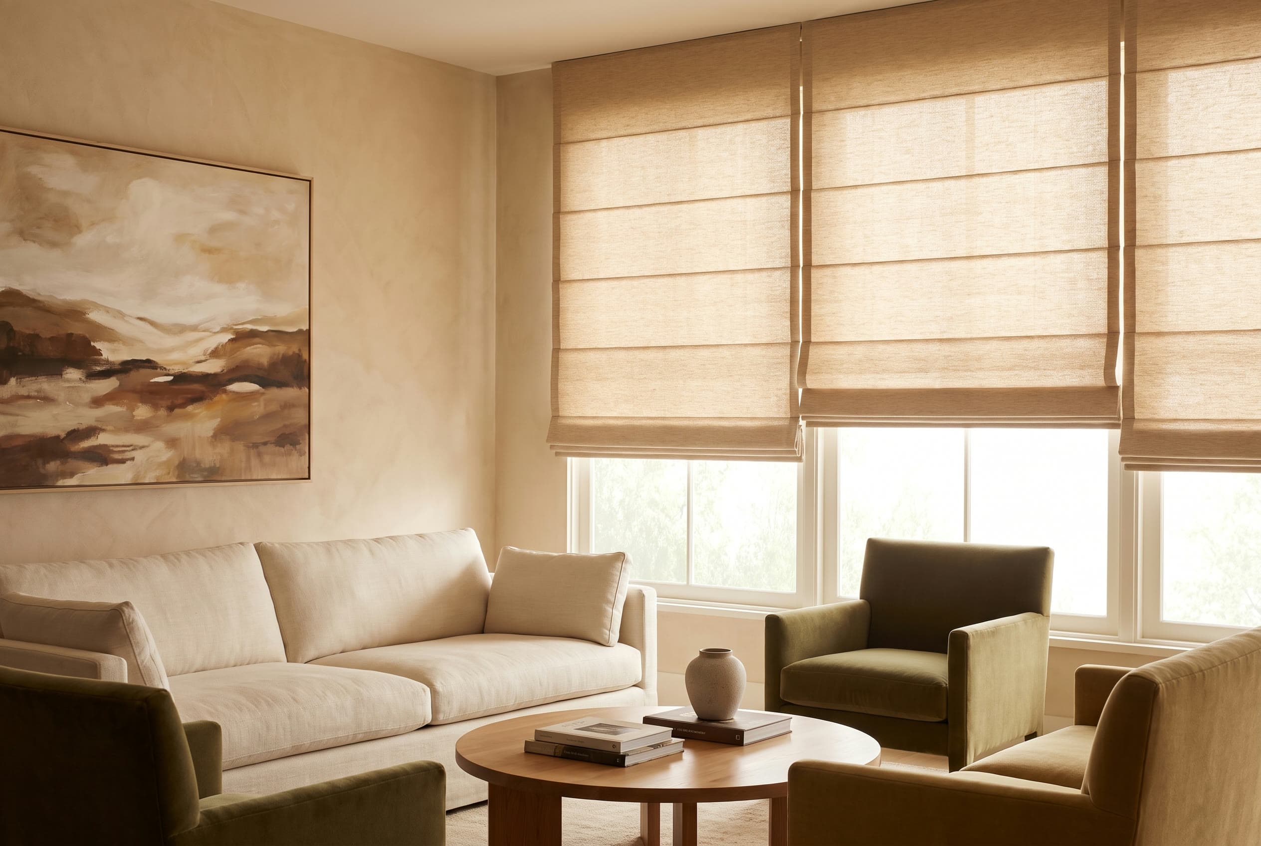 Tailored Hunter Douglas Vignette Roman shades in a refined living room with a grand piano.