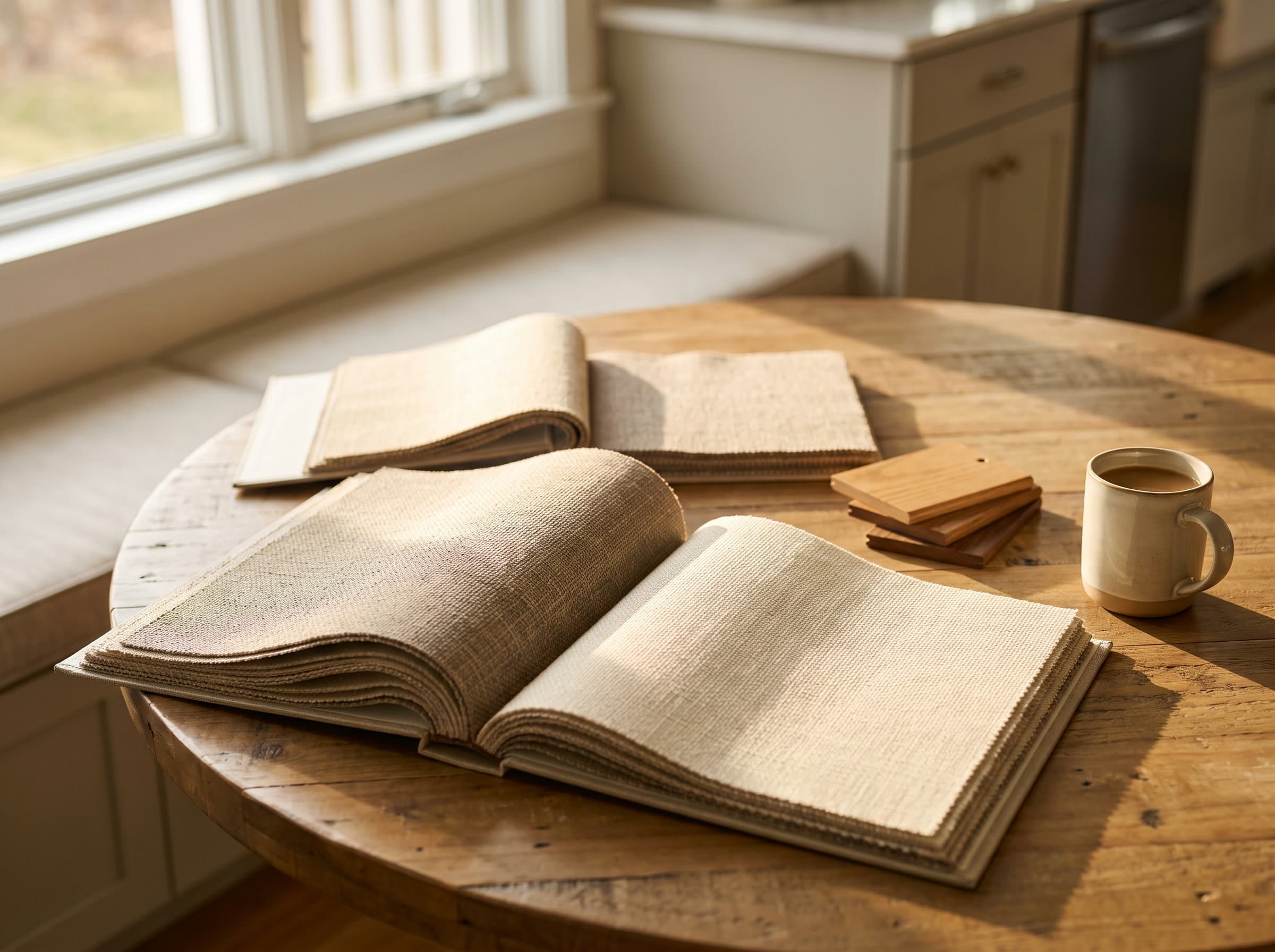 Open Hunter Douglas fabric sample books and wood stain chips on a sunlit kitchen table.