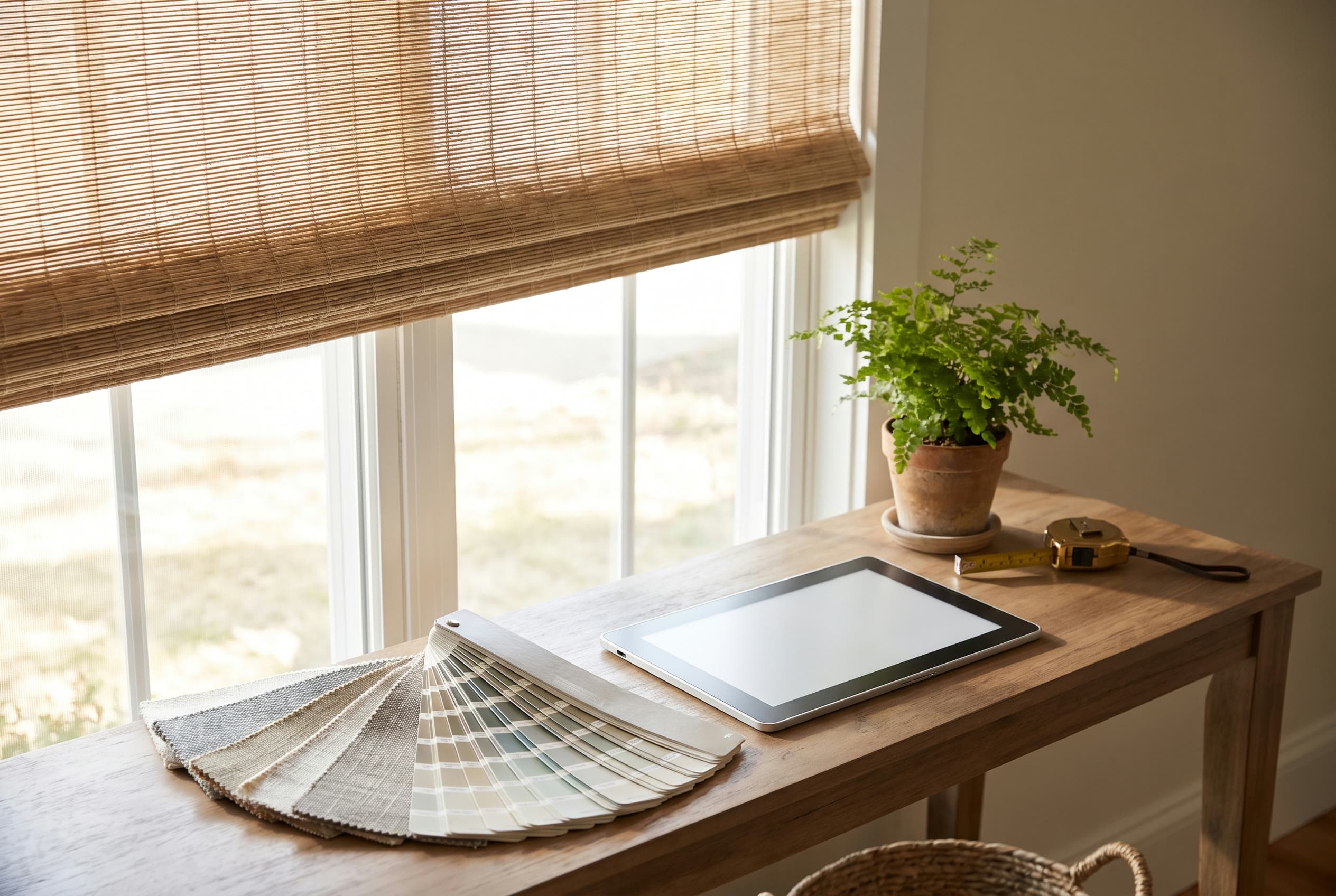 Hands holding a Hunter Douglas fabric sample during an in-home consultation.