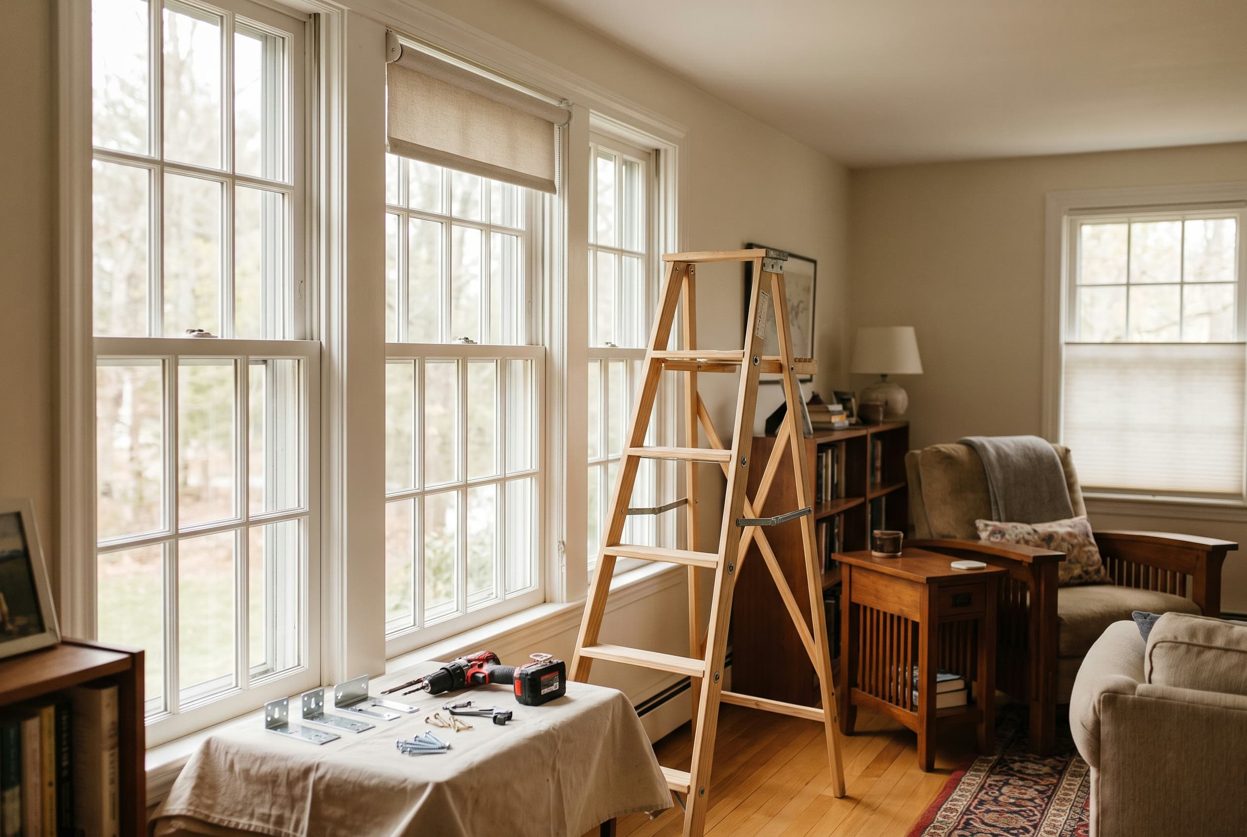 Warm wood blinds installed cleanly over a fireplace.