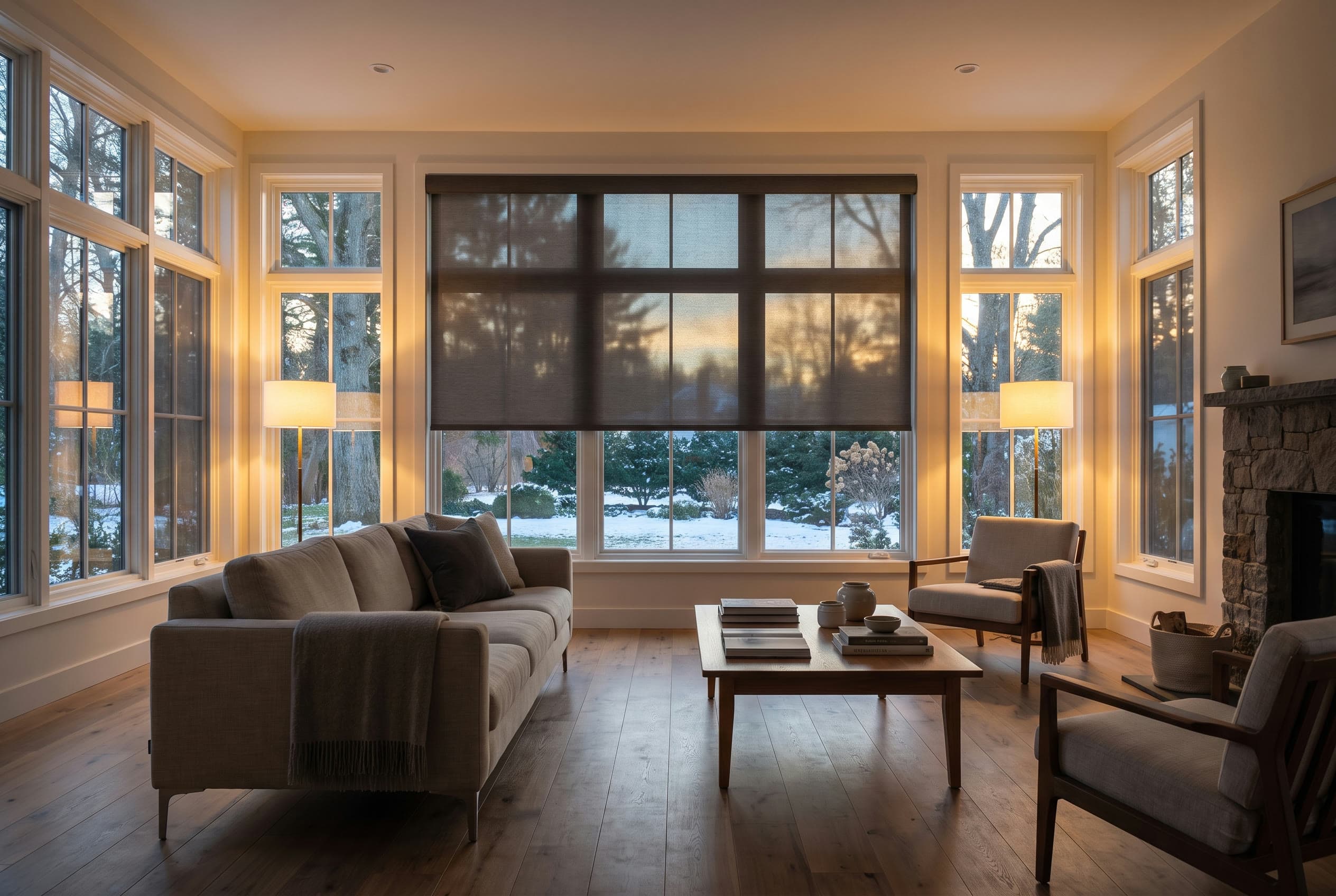 Airy Luminette sheer vertical shades with an ocean view.