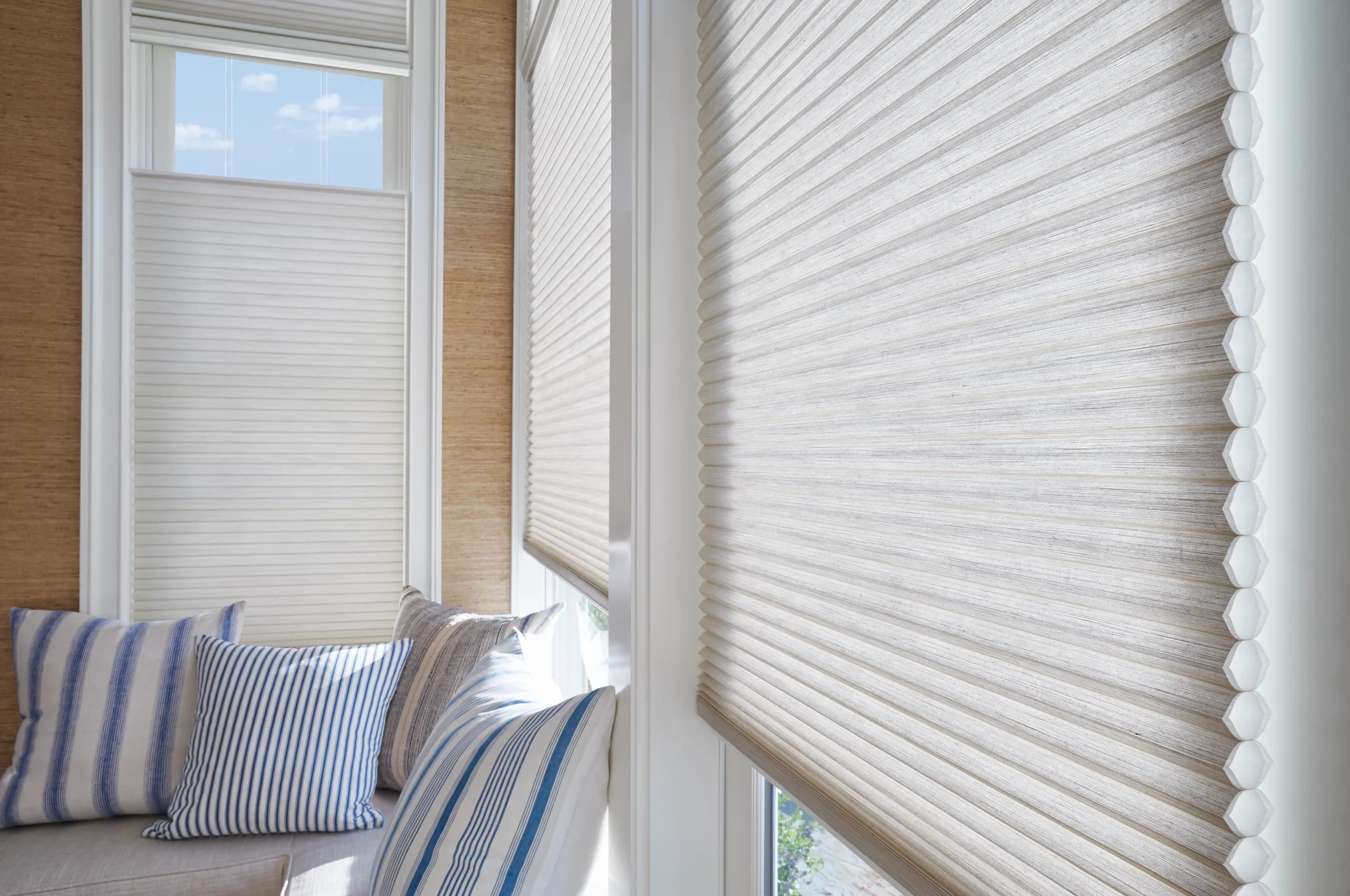 Custom Hunter Douglas Duette® Honeycomb Shades in a New England home, measured and installed by Window Fantasies.