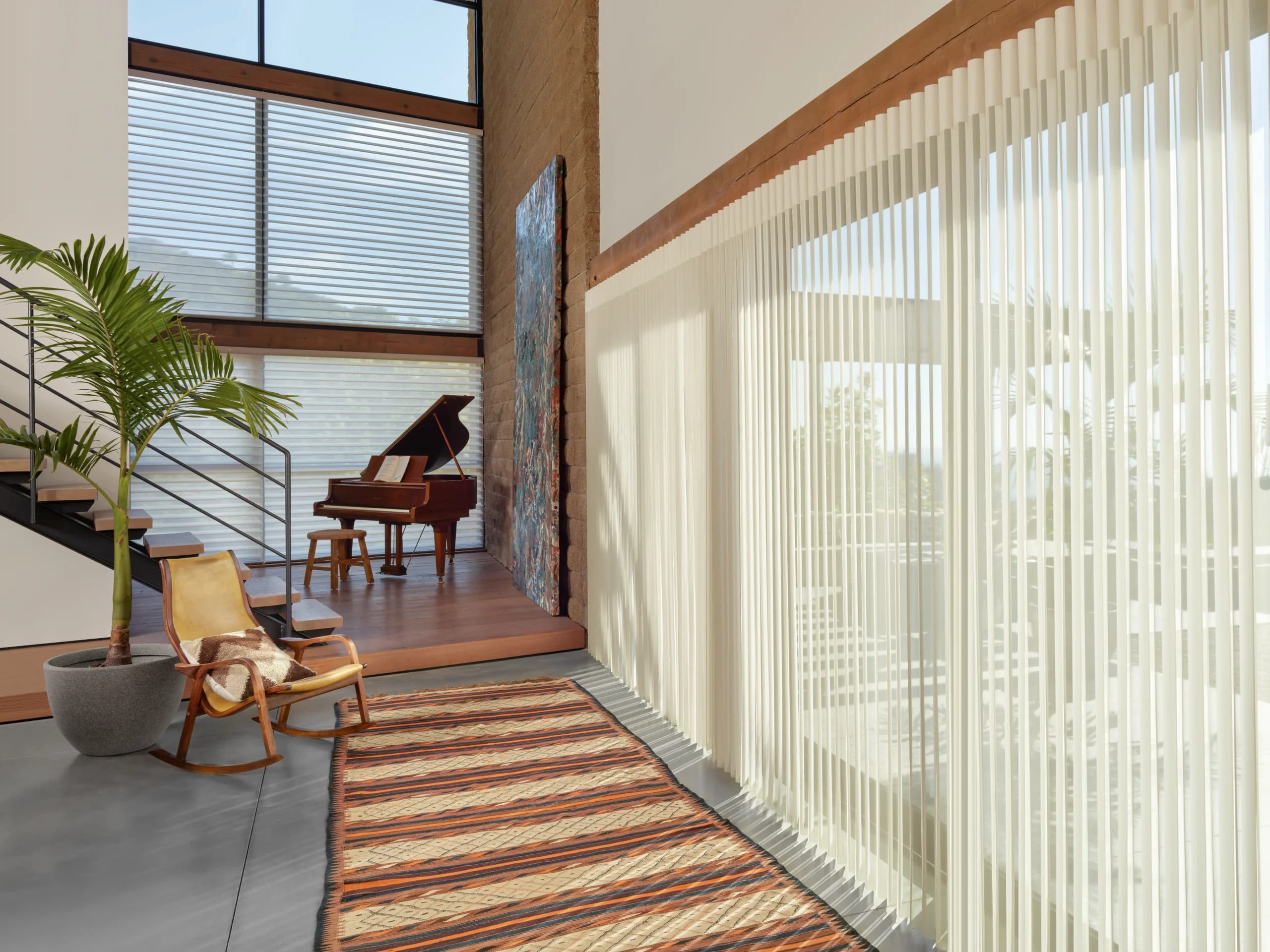 Custom Hunter Douglas Luminette® Privacy Sheers across a wide opening in a New England home, measured and installed by Window Fantasies.