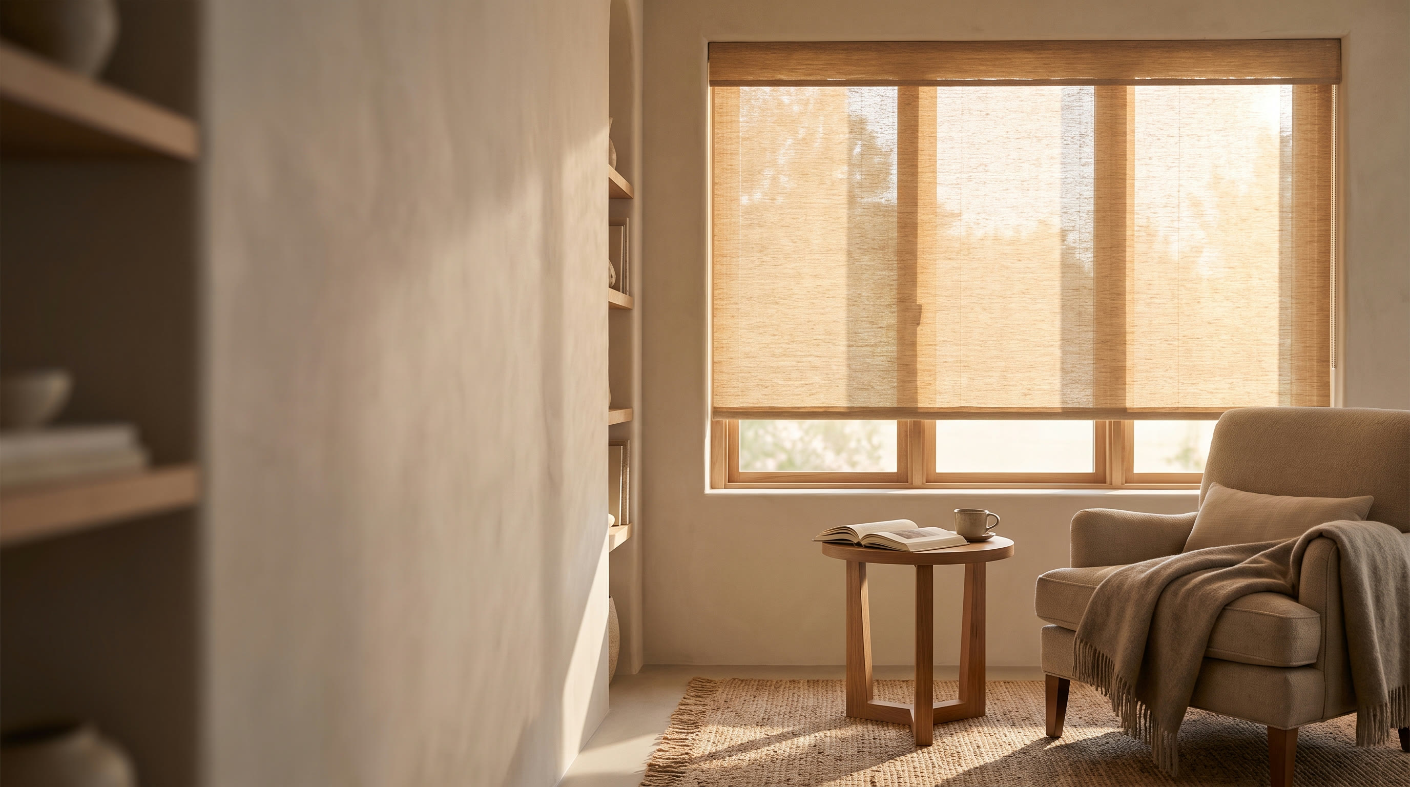 A cozy reading nook beside a light-filtering roller shade.