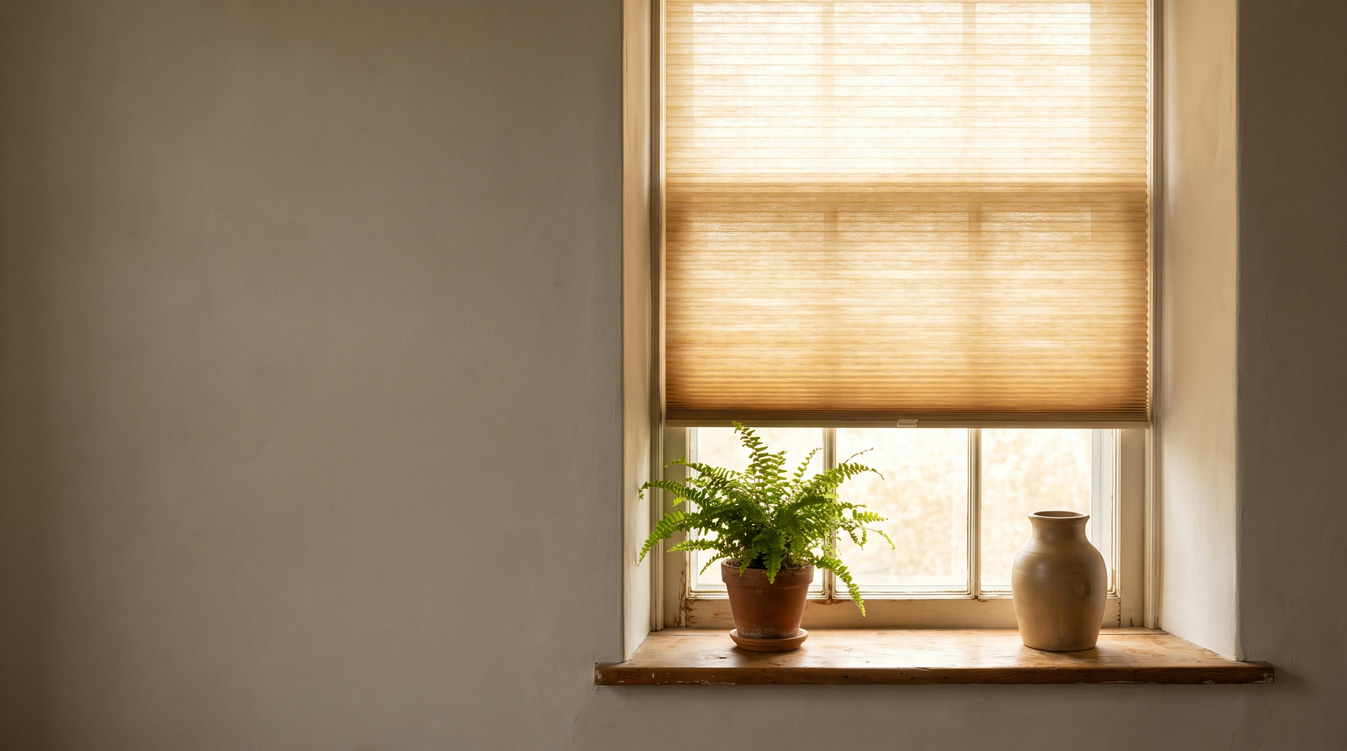 A softly lit window with a cellular shade and a fern on the sill.