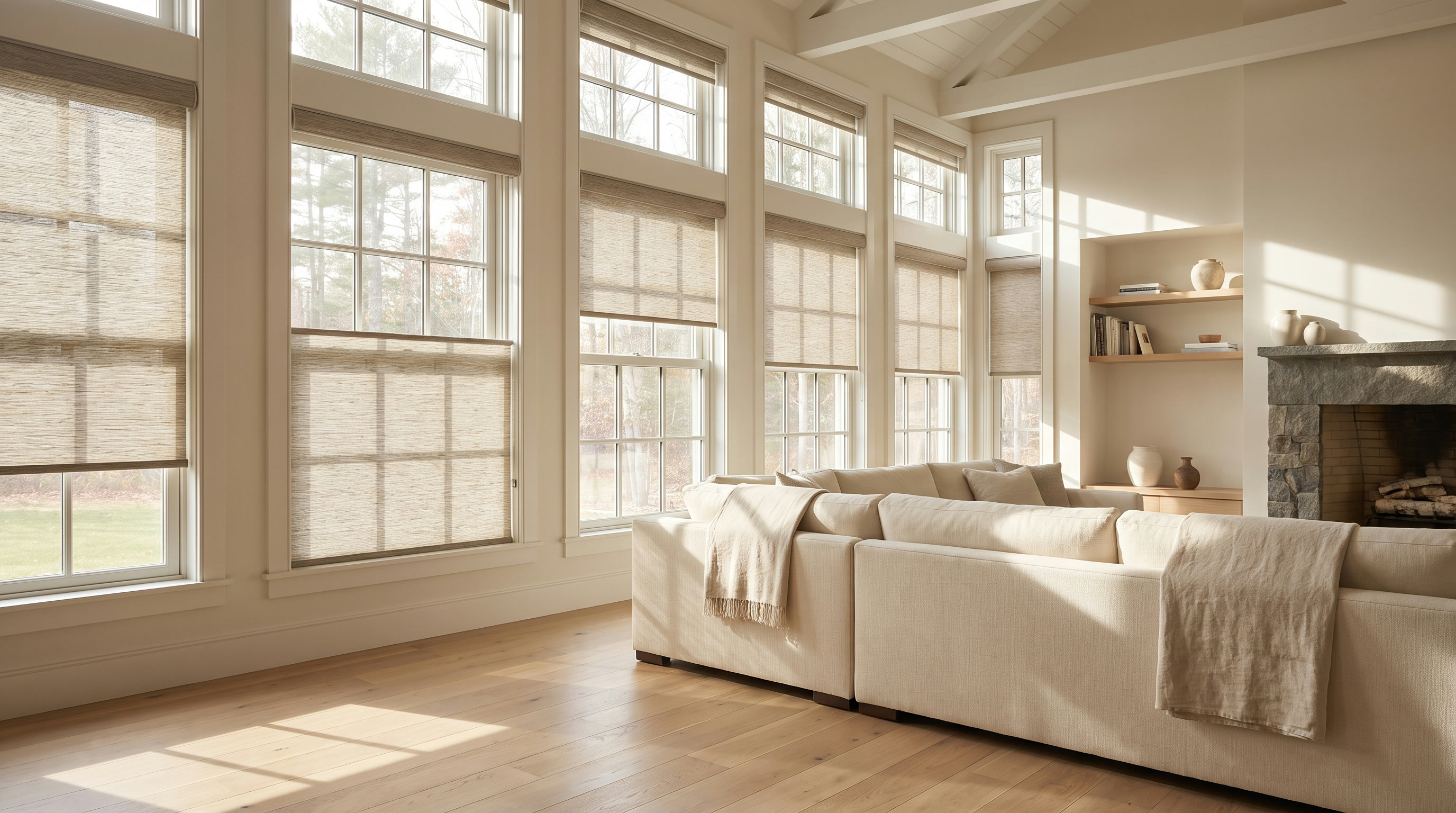 A bright New England great room with tall windows, its motorized Hunter Douglas shades resting at staggered heights.