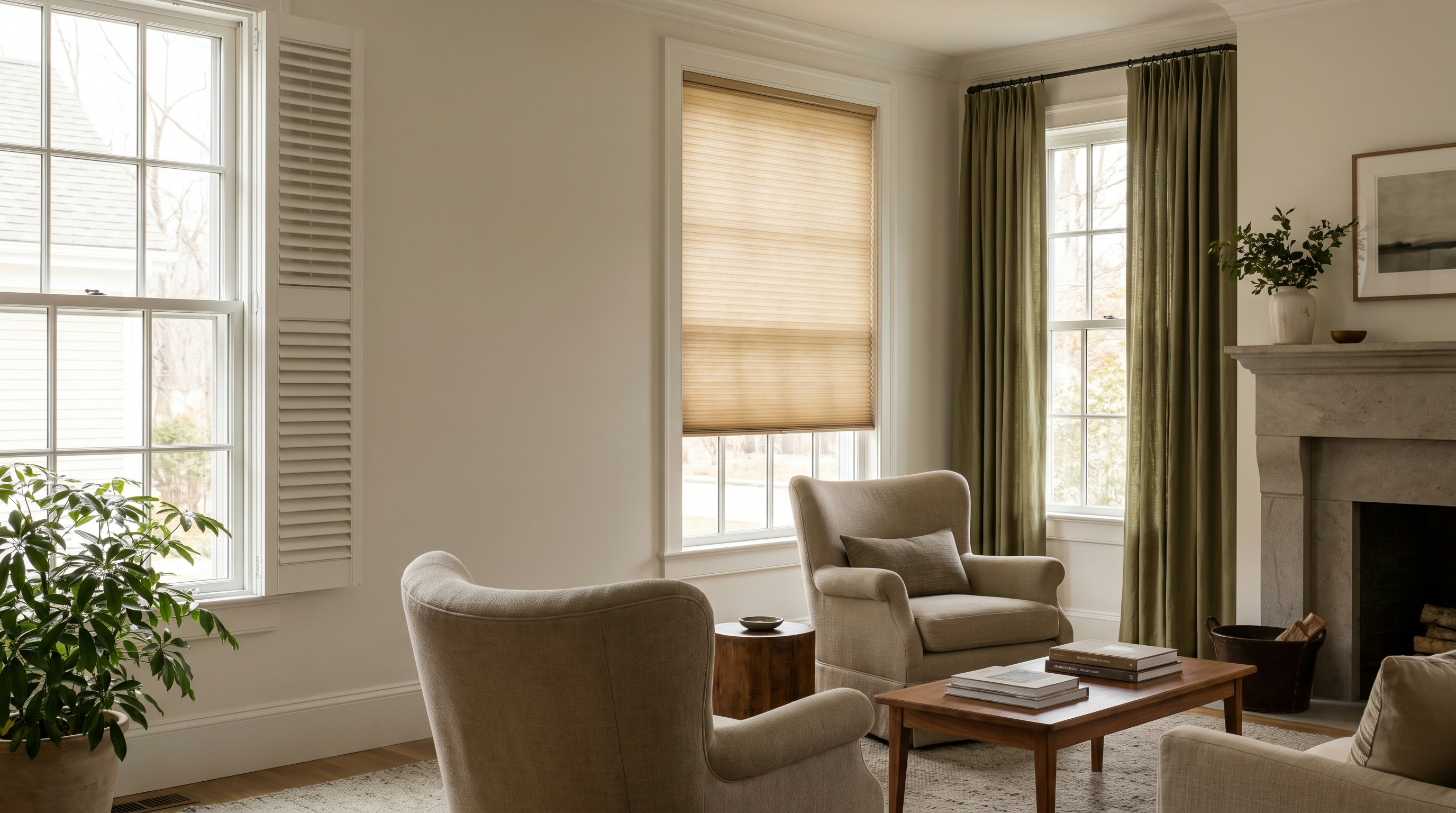 A refined room showing plantation shutters, cellular shades, and drapery together.