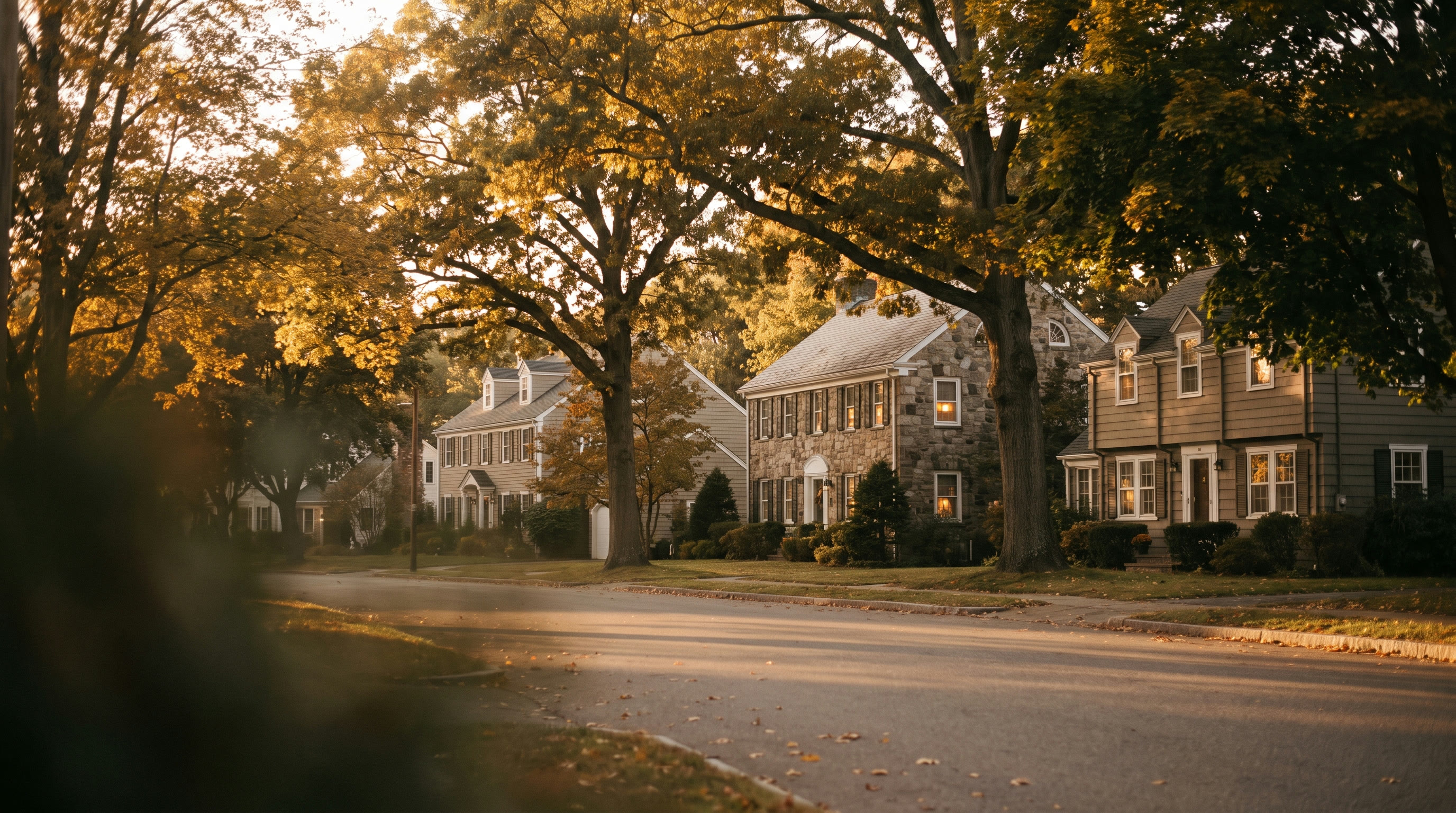 A classic New England neighborhood in early autumn at golden hour.