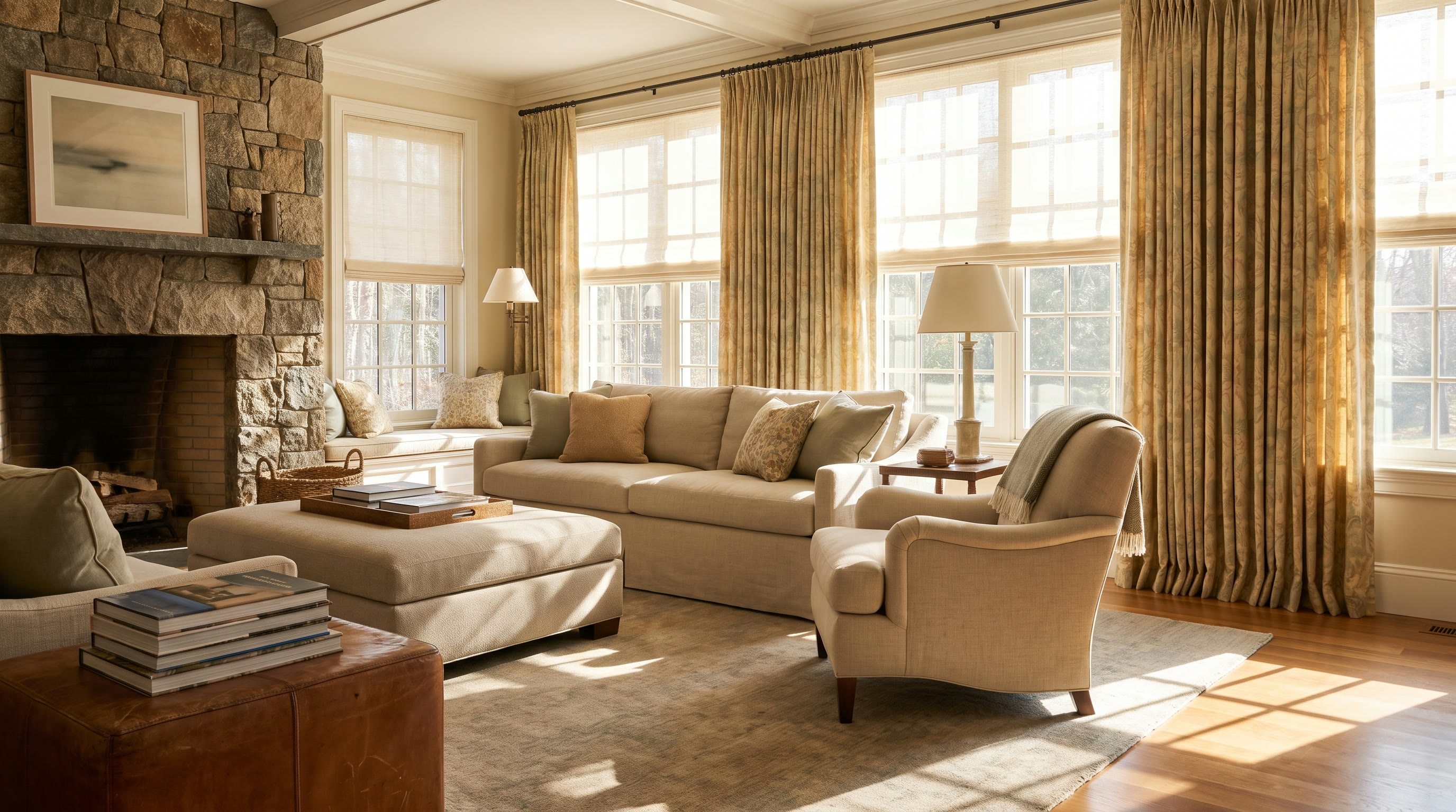 An elegant New England living room layered with sheer shades and drapery in morning light.