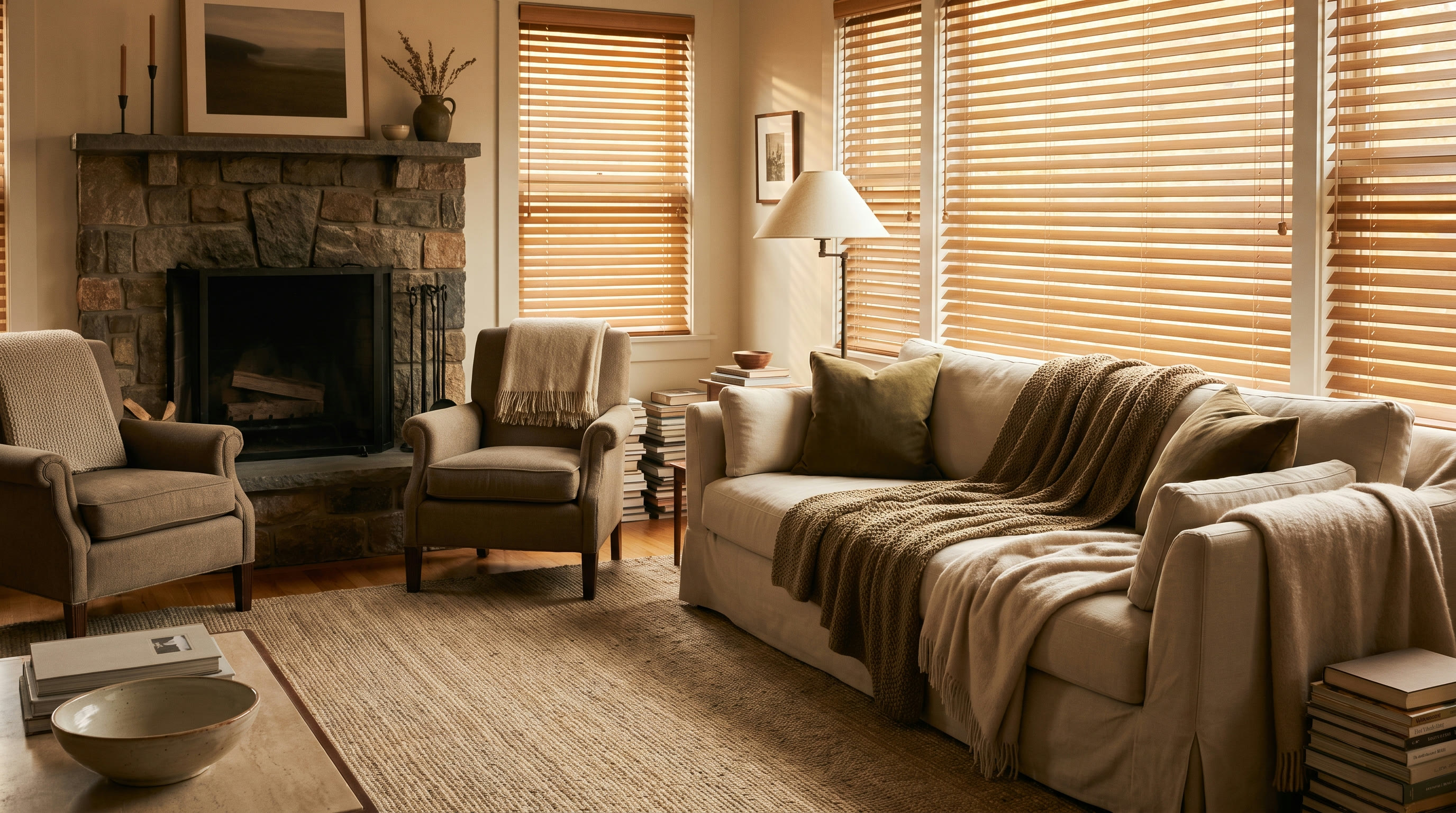 A warm family living room with wood blinds in afternoon light.