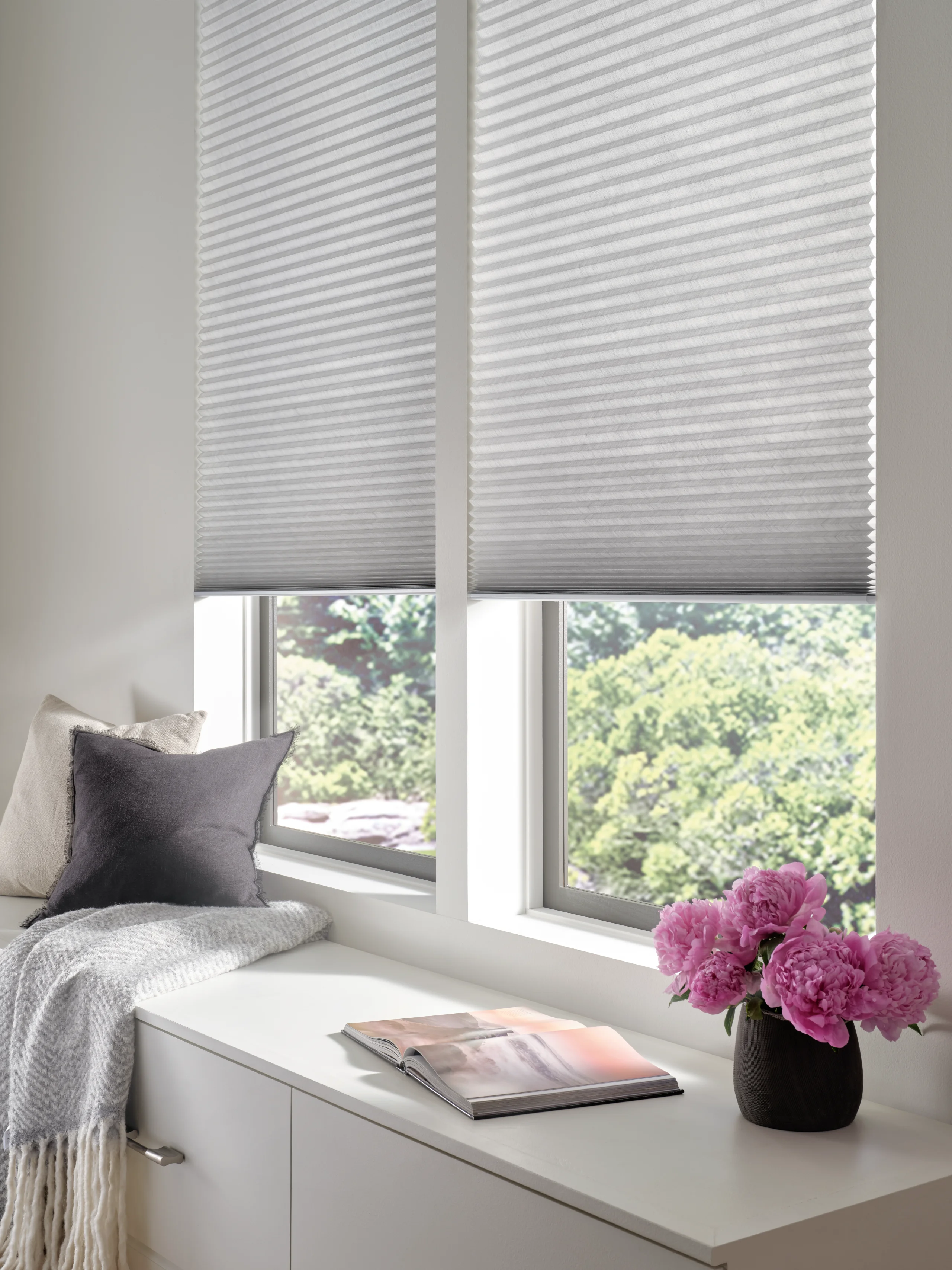 Close view of Hunter Douglas Applause® Honeycomb Shades at a dining room window, showing the pleats of the cellular fabric.