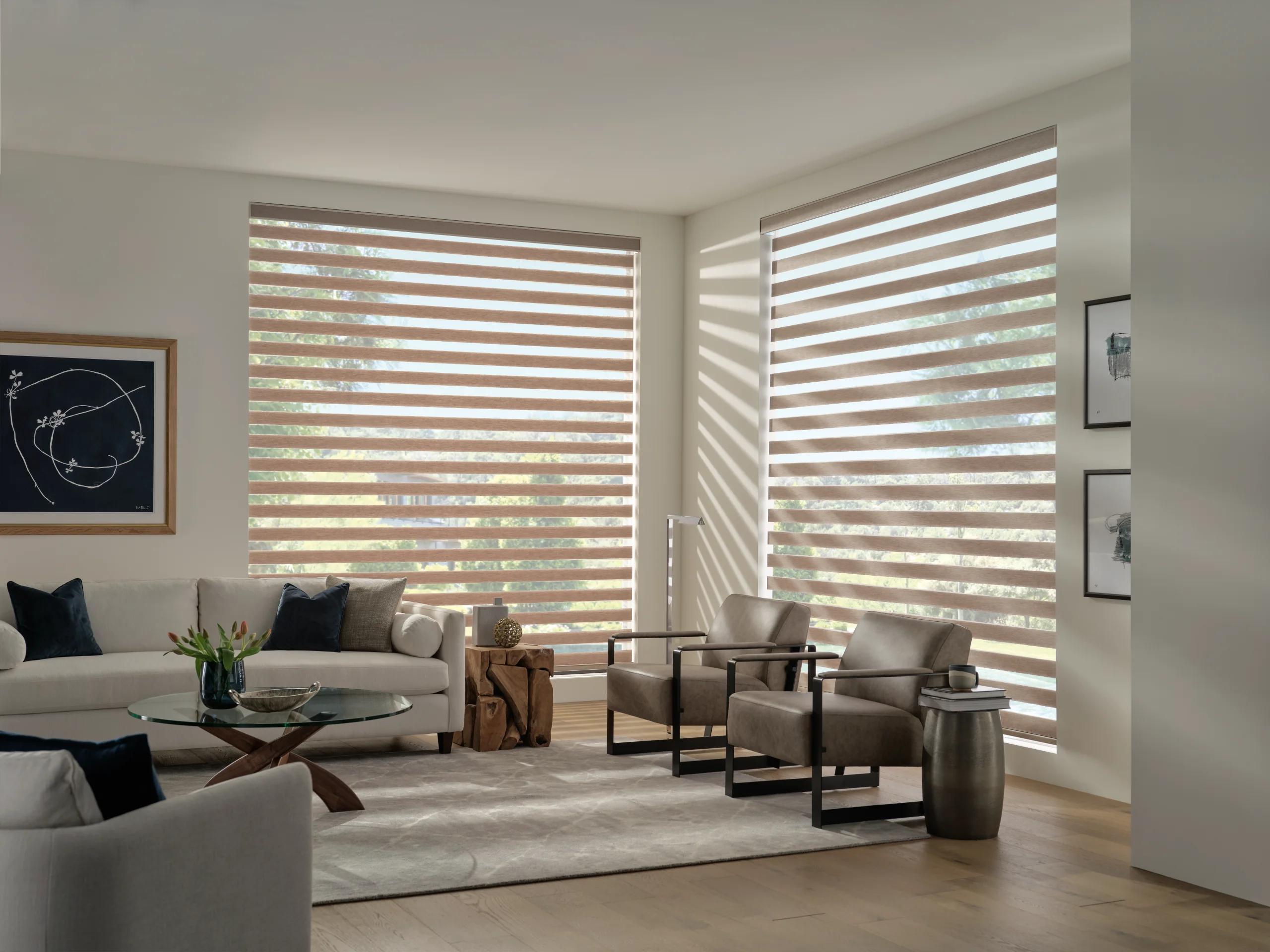 Designer Banded Shades on two windows of a sunlit living room, bands aligned so the trees outside show through the sheer sections.