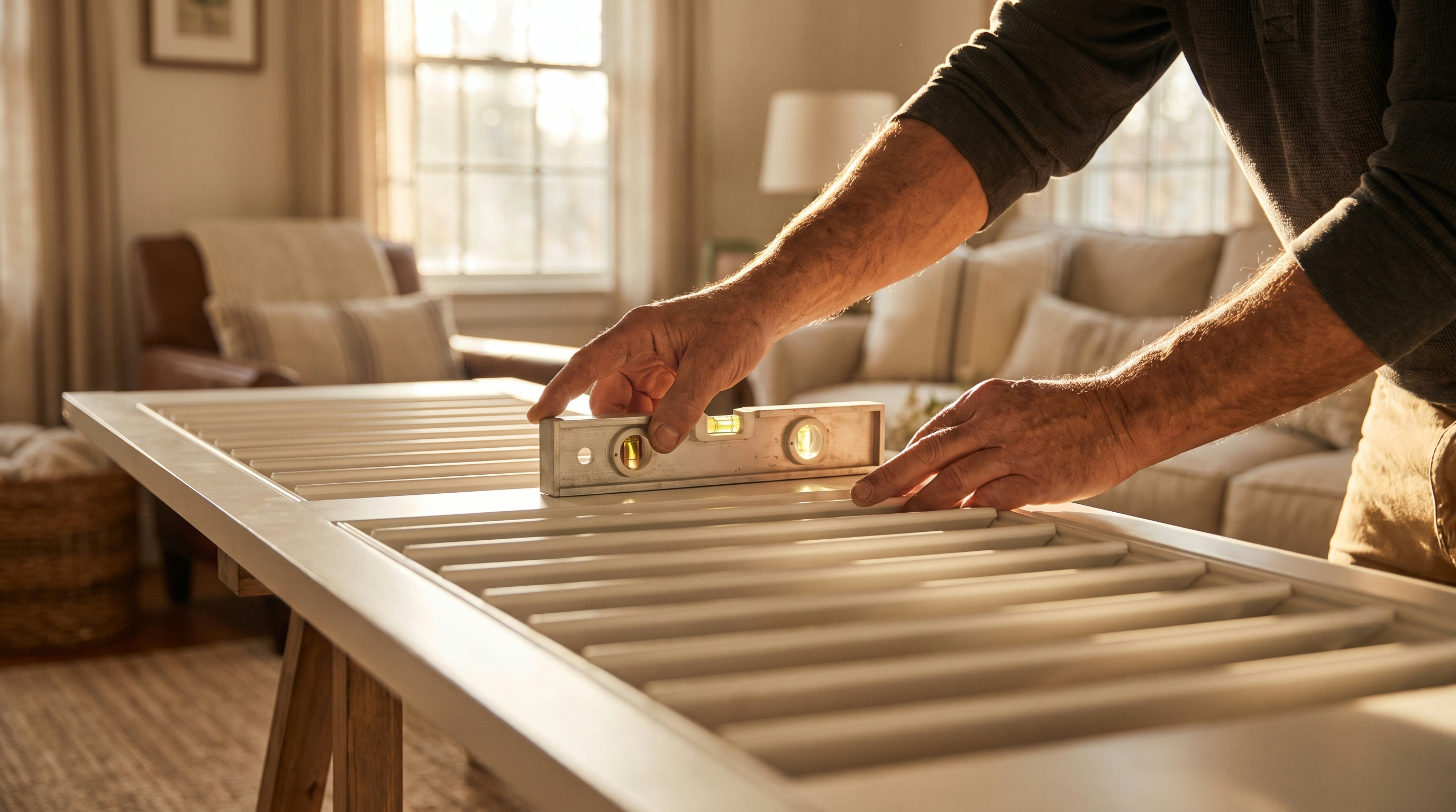 A craftsman's hands checking a custom white plantation shutter with a level during a home install.