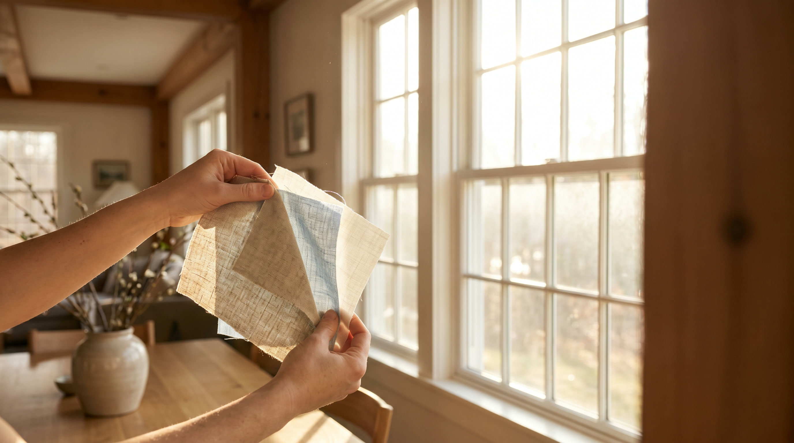 Hands holding fabric swatches up to a sunlit window to judge their color in the home's own light.
